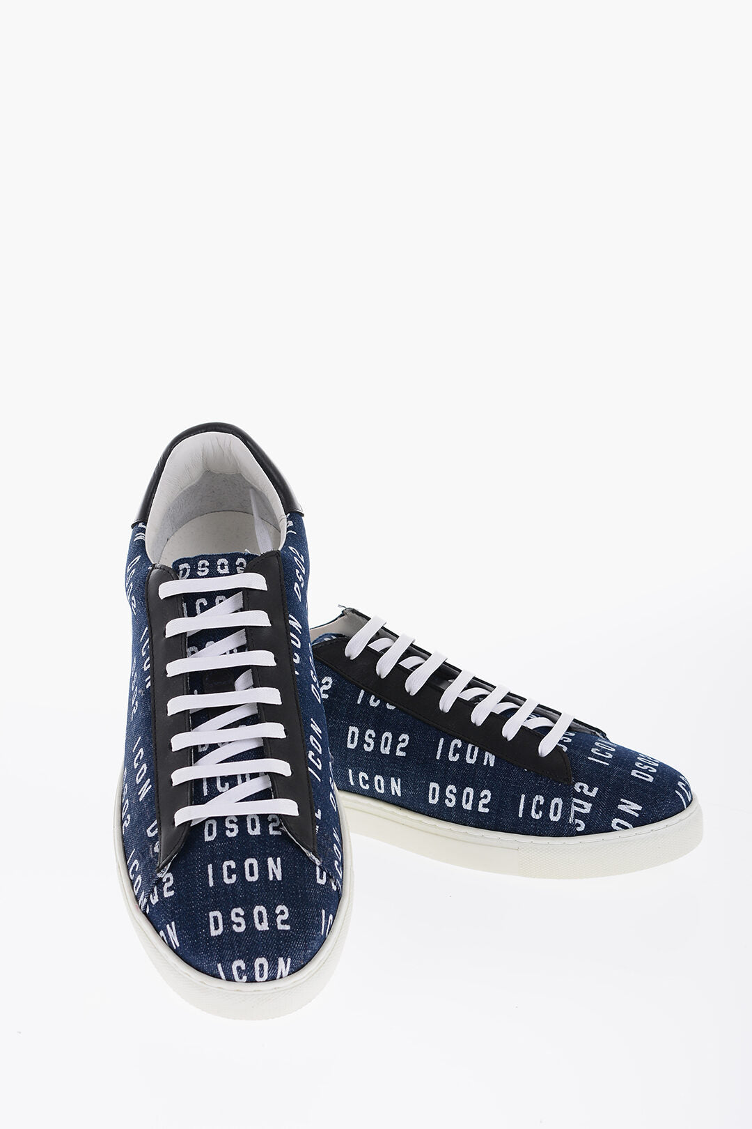 Dsquared2 All-Over Monogram Denim Low-Top Sneakers with Leather Detail