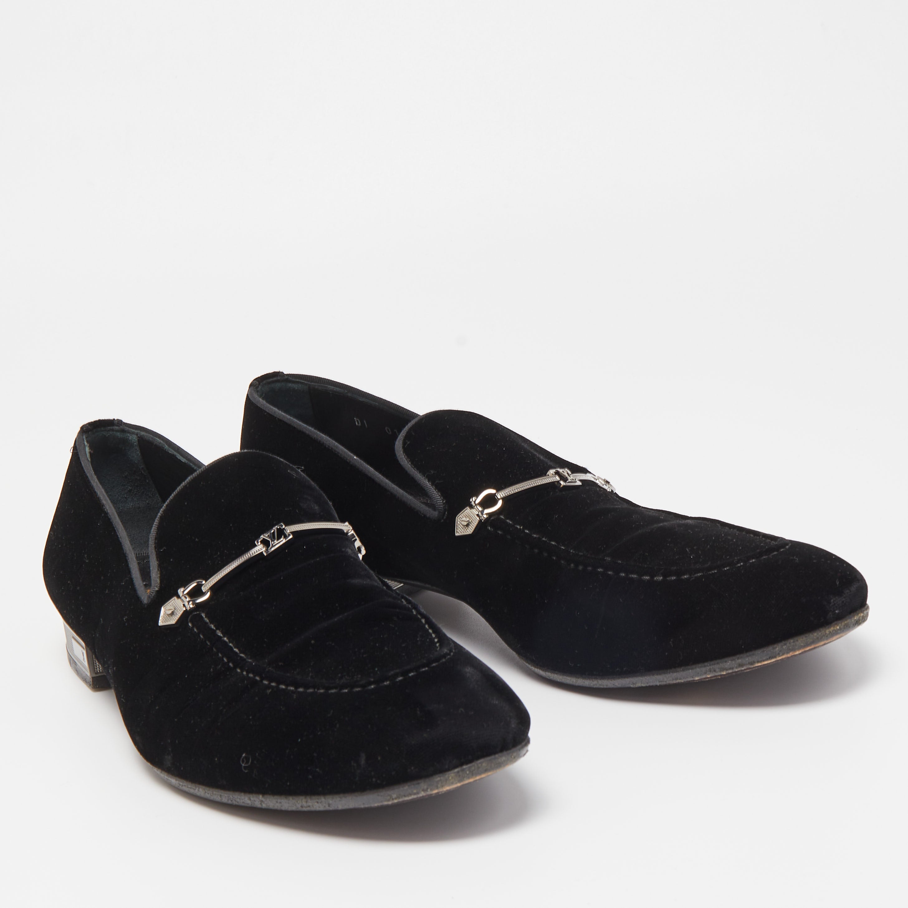 Preloved Louis Vuitton Black Velevt Slip On Loafers Size 45