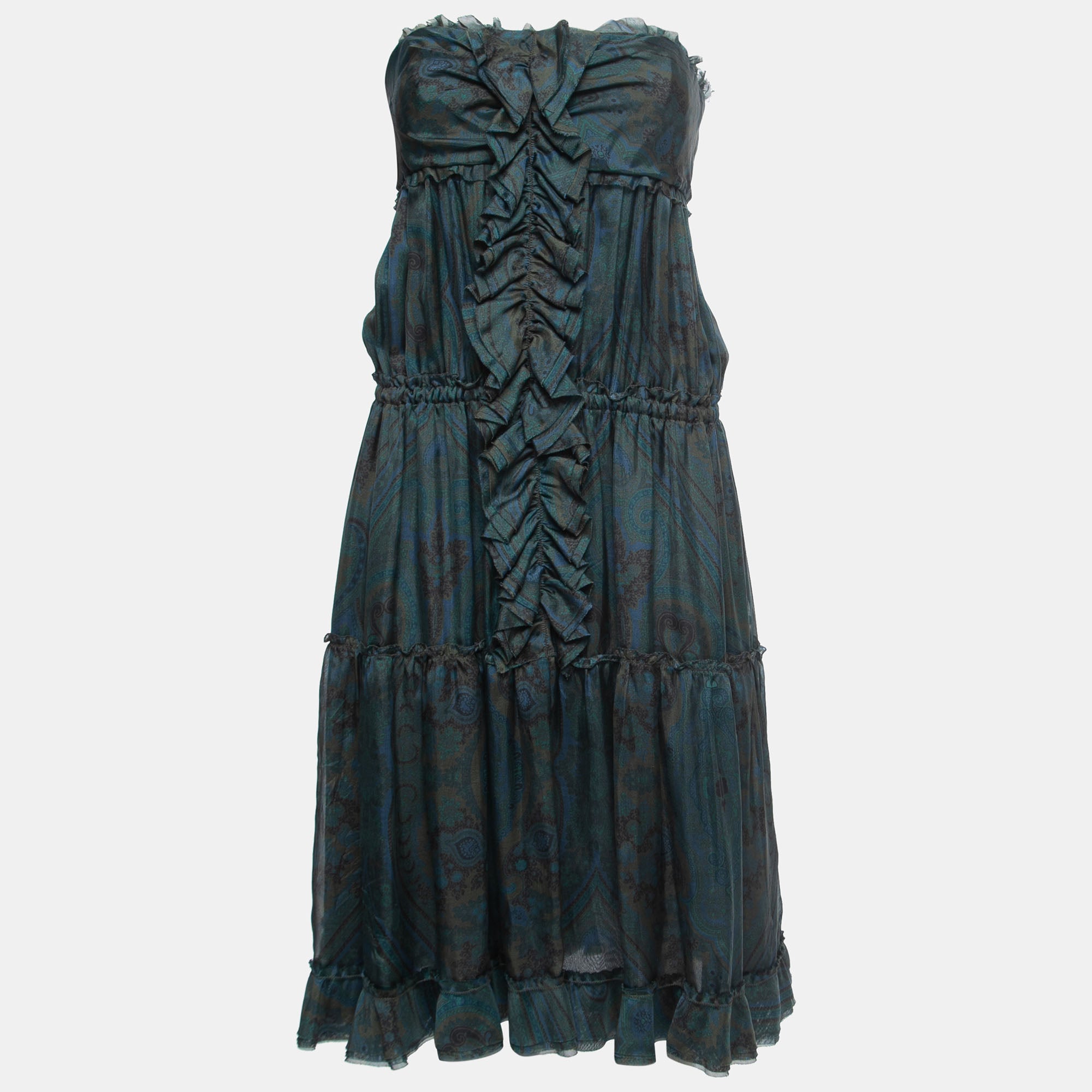 D&g Green/blue Paisley Printed Silk Chiffon Ruffled Midi Dress M