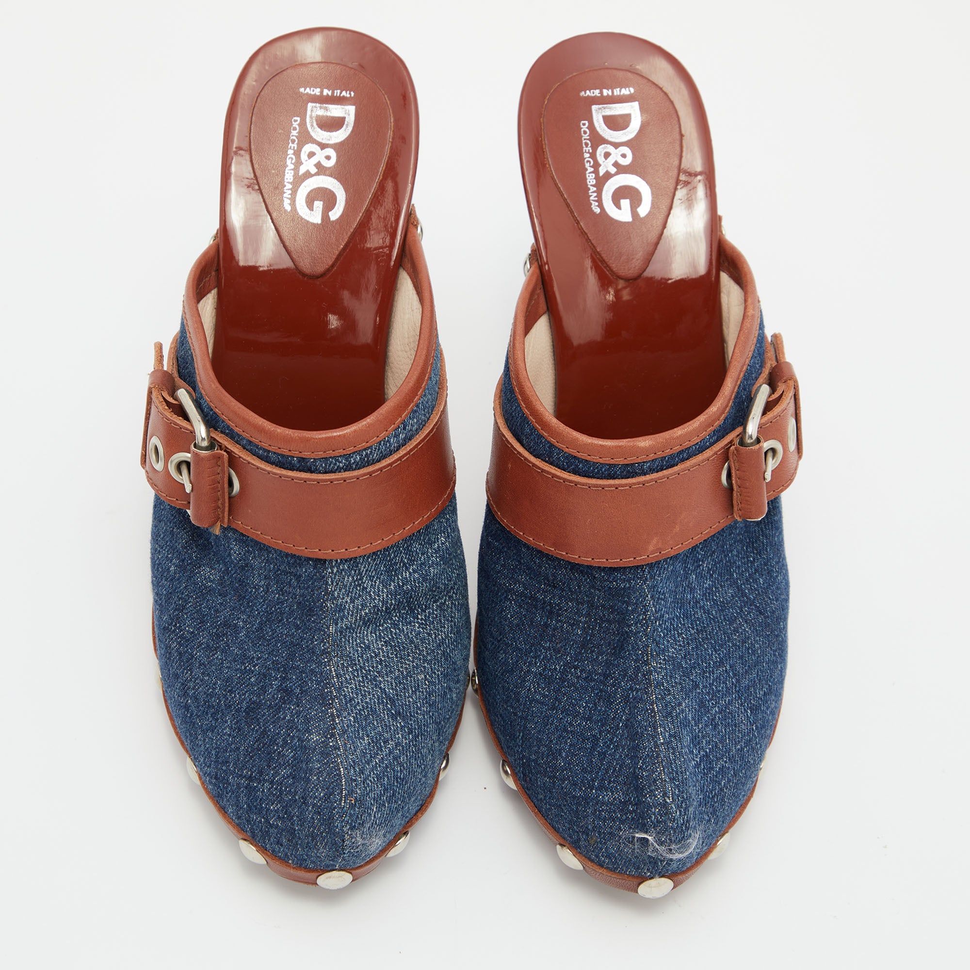 D&g Blue/brown Denim And Leather Clogs Sandals Size 37