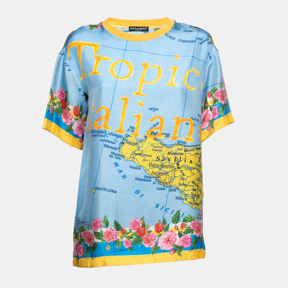 Dolce & Gabbana Blue Printed Silk Crewneck Top S