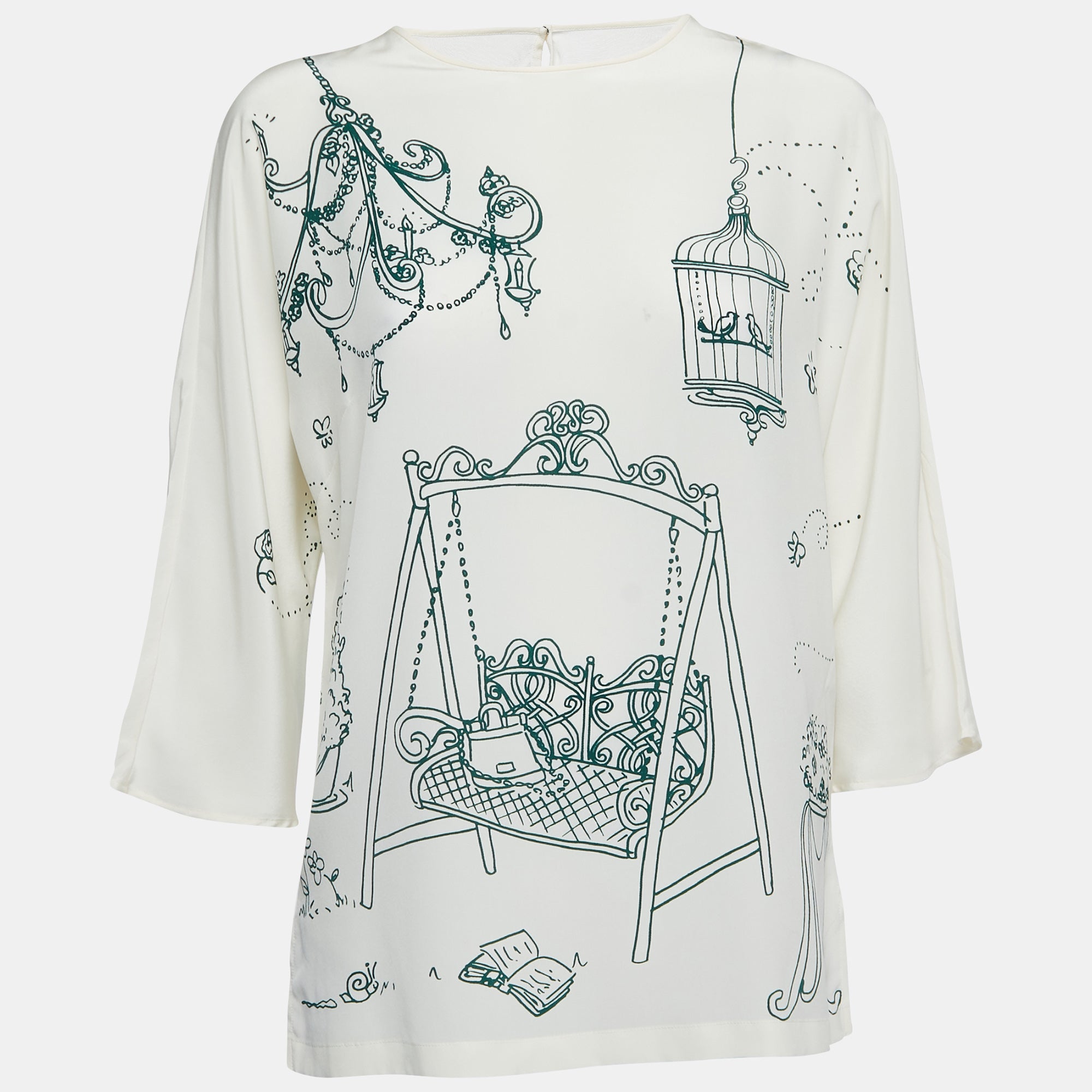 Dolce & Gabbana White Bird Cage Printed Silk Blouse S