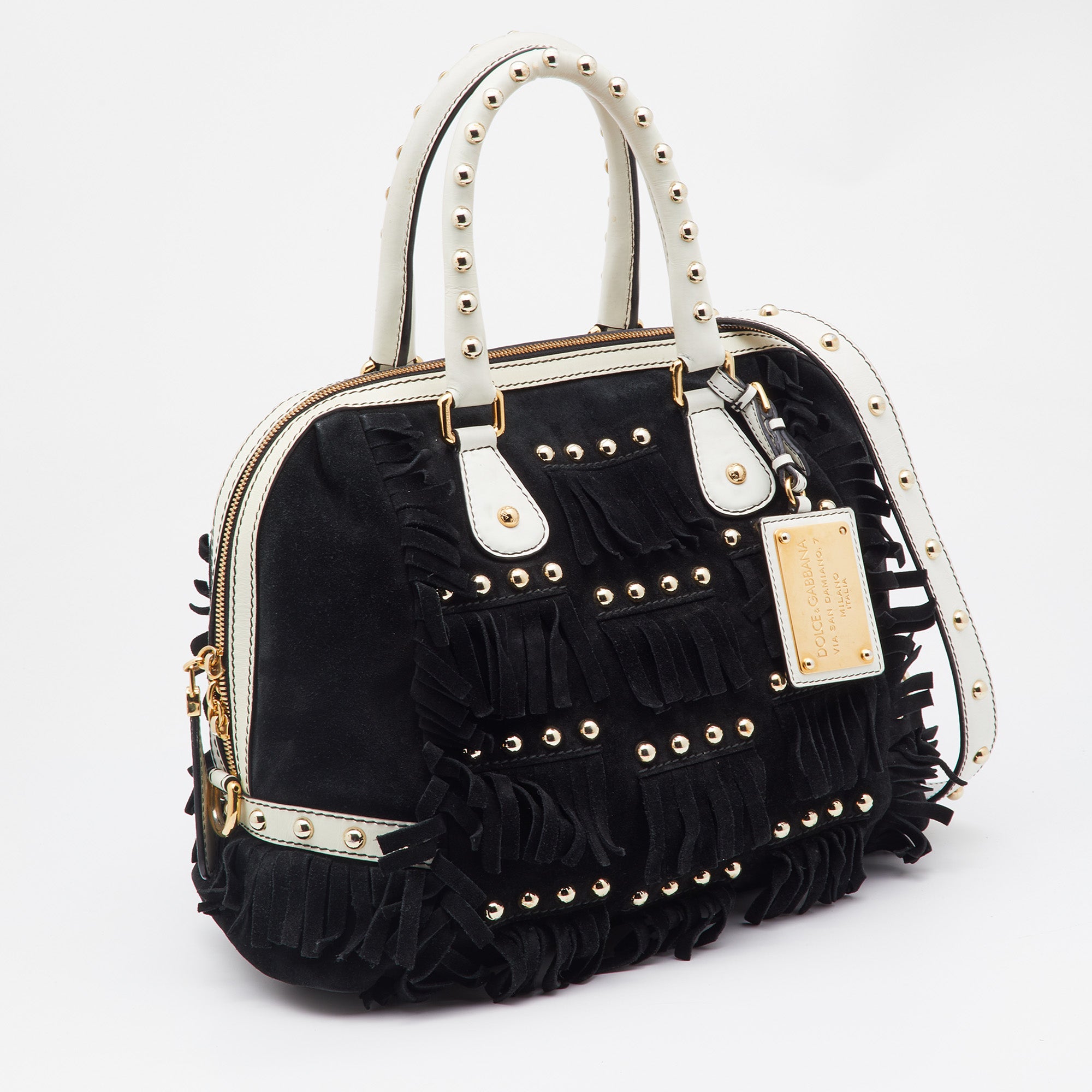 Dolce & Gabbana Black Suede And Leather Fringed Satchel