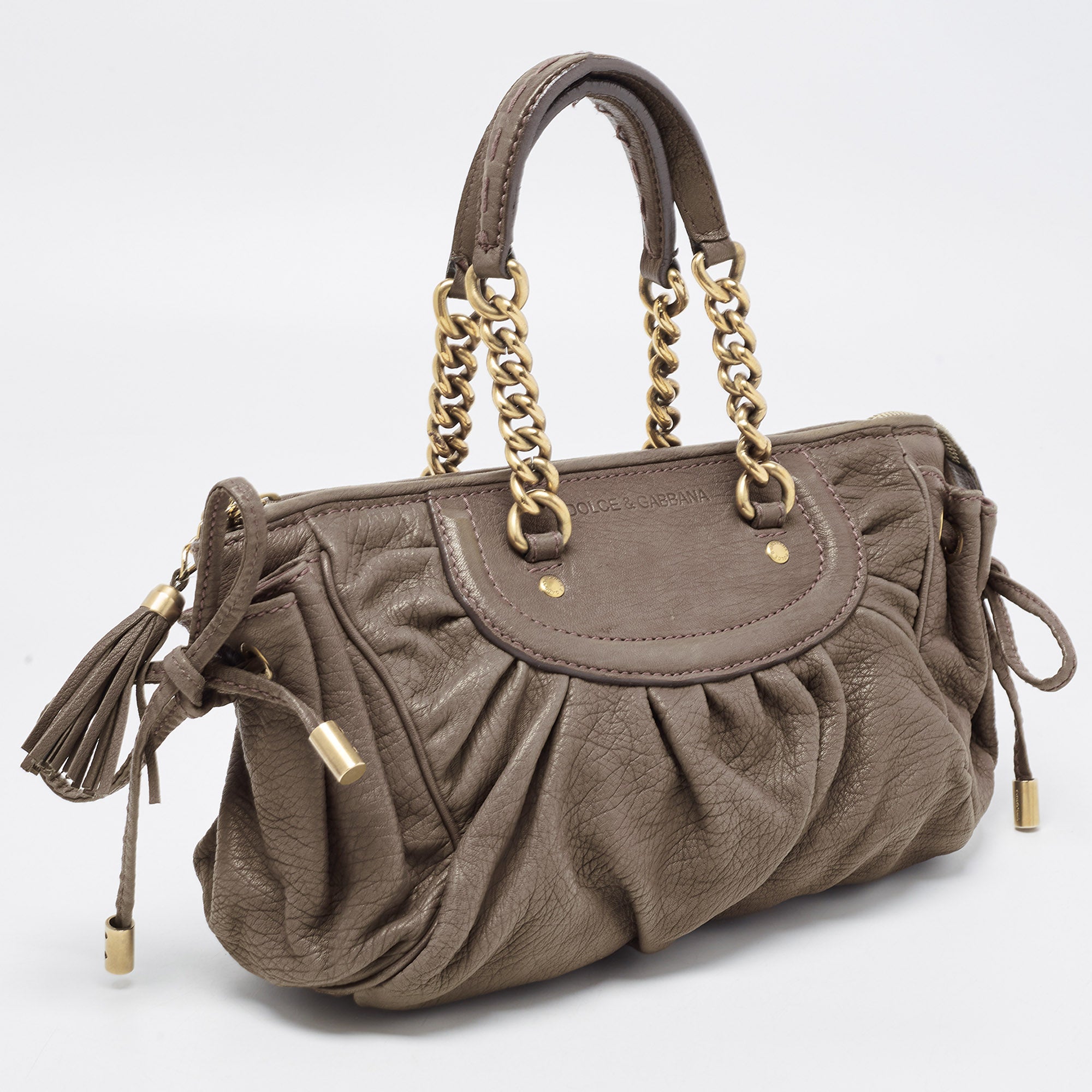 Dolce & Gabbana Khaki Green Pleated Leather Tassel Hobo