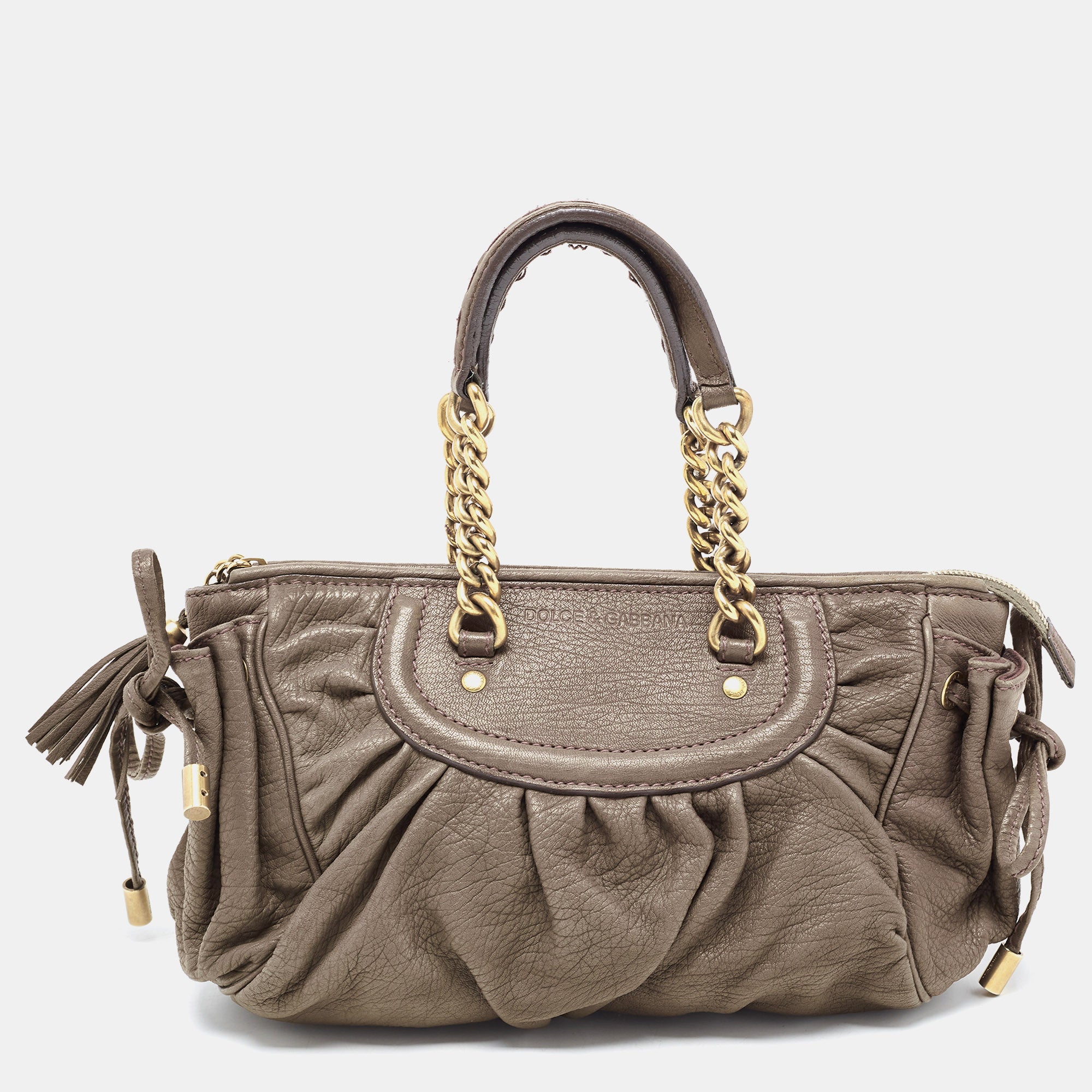 Dolce & Gabbana Khaki Green Pleated Leather Tassel Hobo