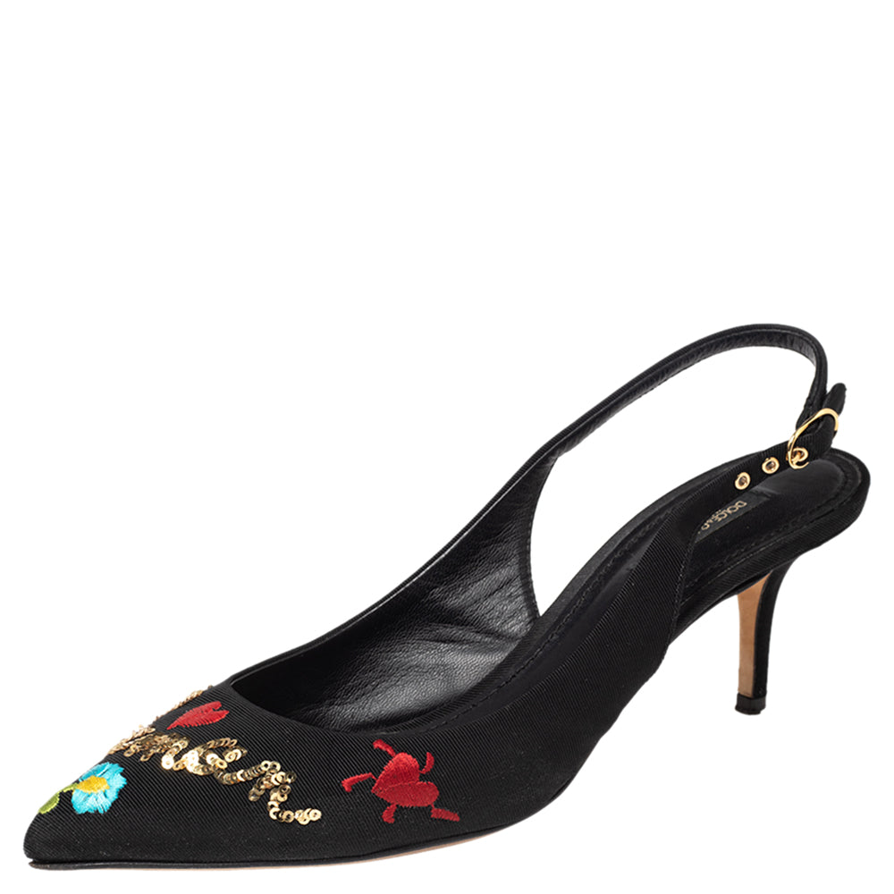 Dolce & Gabbana Black Canvas Embroidered Sequinned Slingback Pumps Size 39