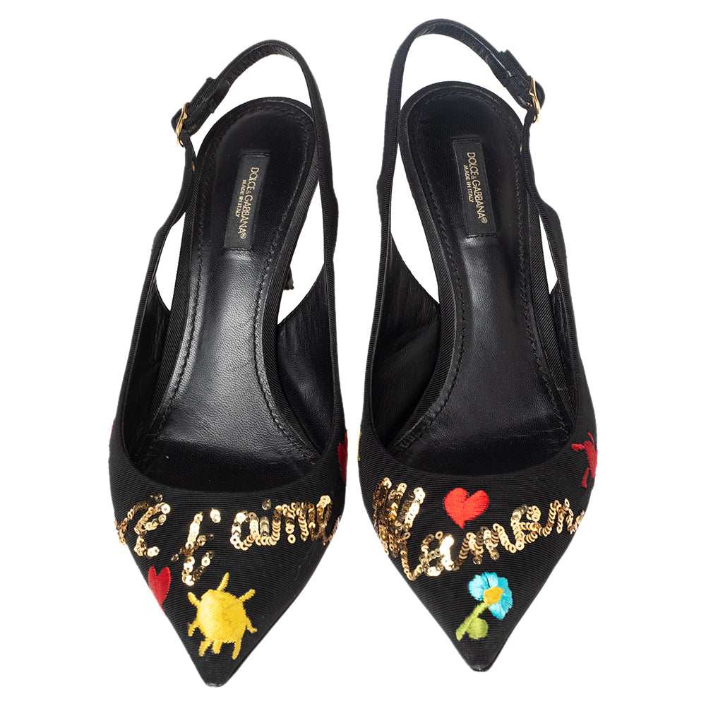 Dolce & Gabbana Black Canvas Embroidered Sequinned Slingback Pumps Size 39