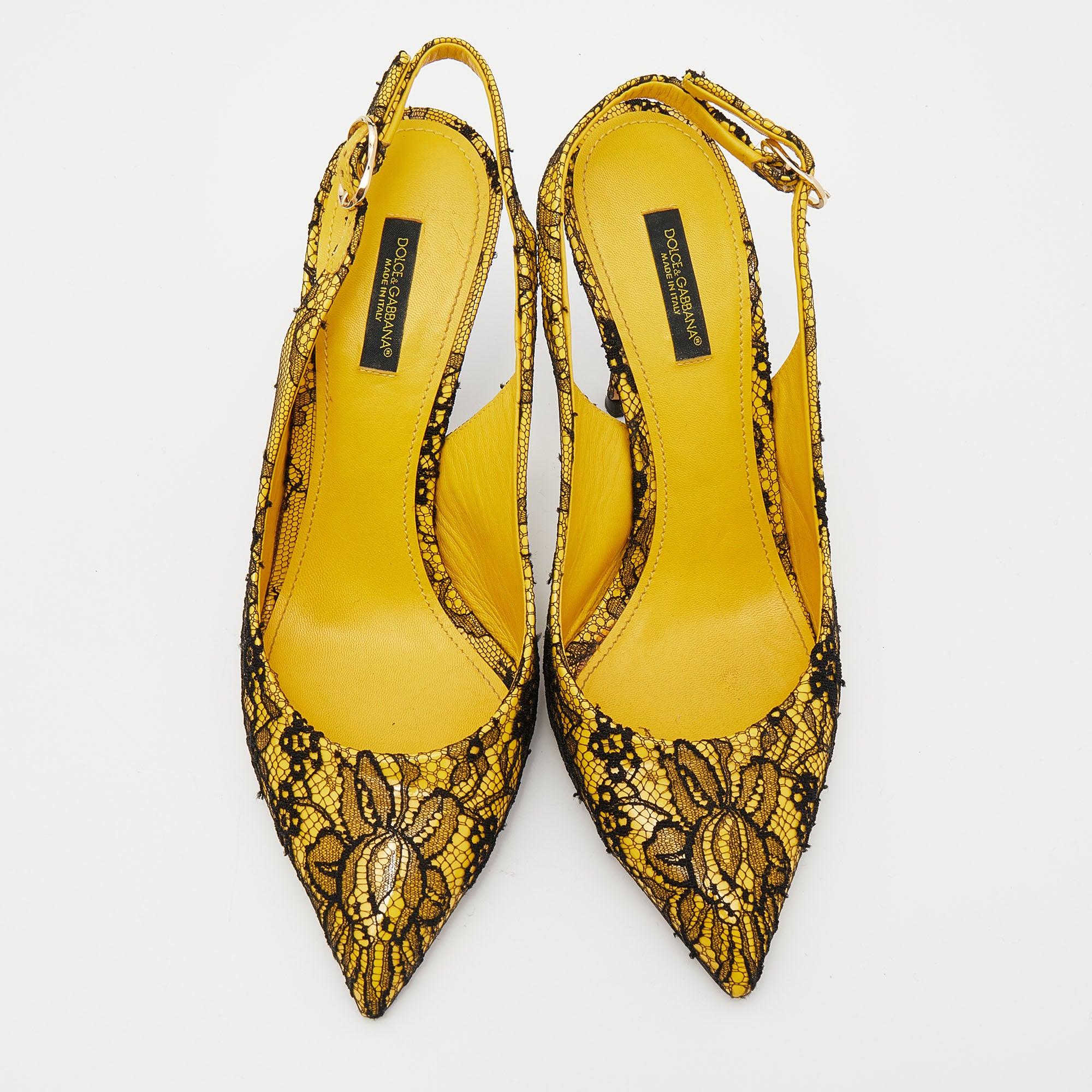 Dolce & Gabbana Yellow/black Patent Leather And Chantilly Lace Bellucci Slingback Sandals Size 39