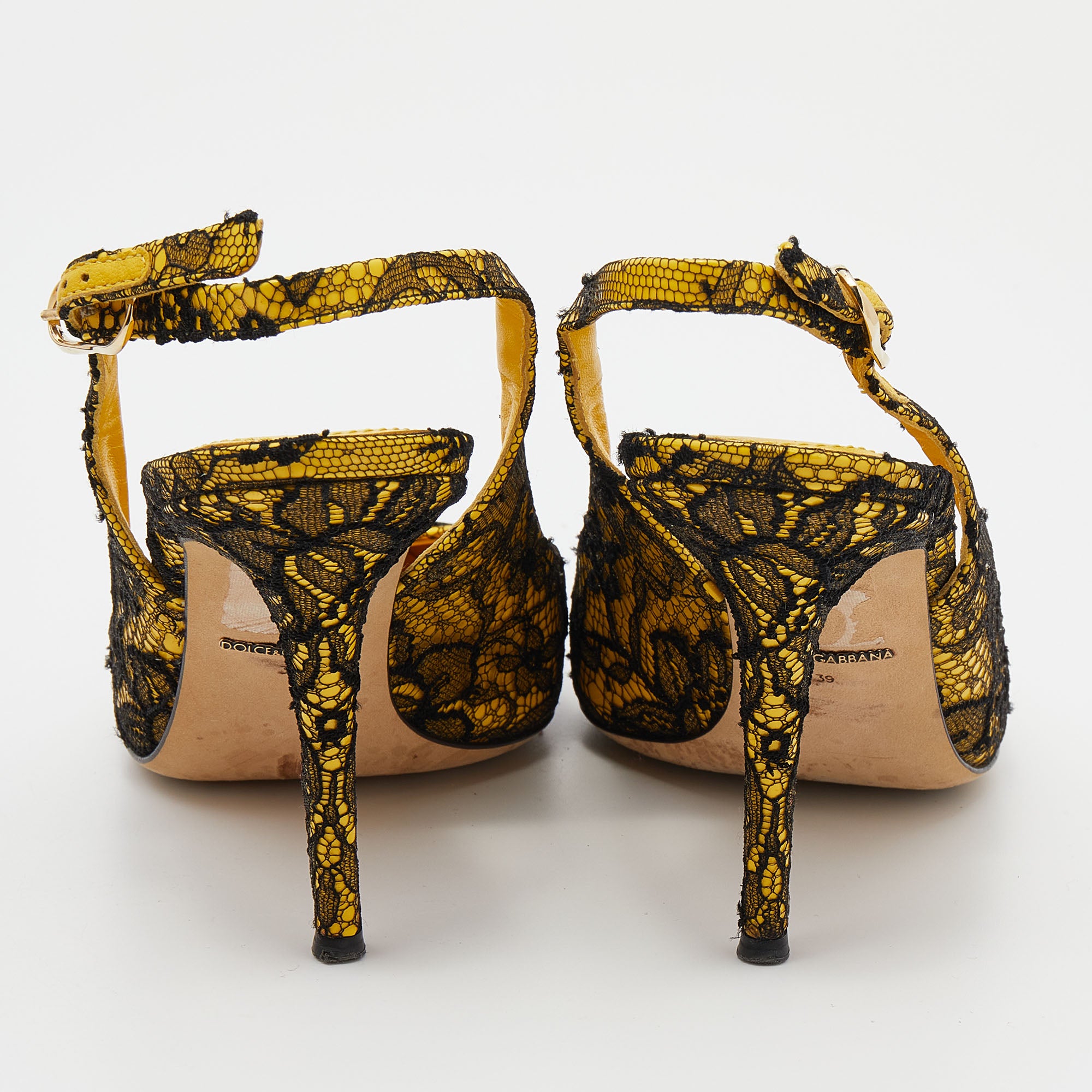 Dolce & Gabbana Yellow/black Patent Leather And Chantilly Lace Bellucci Slingback Sandals Size 39