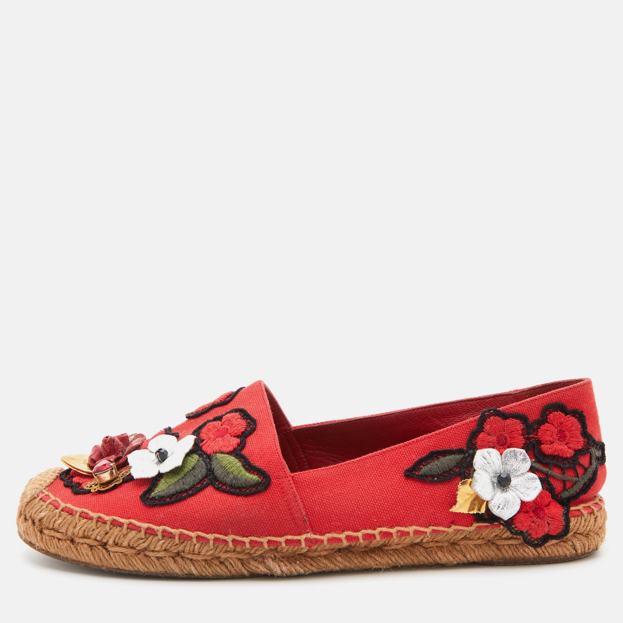 Dolce & Gabbana Red Canvas Locket Flower Jewel Embroidered Espadrille Flats Size 38