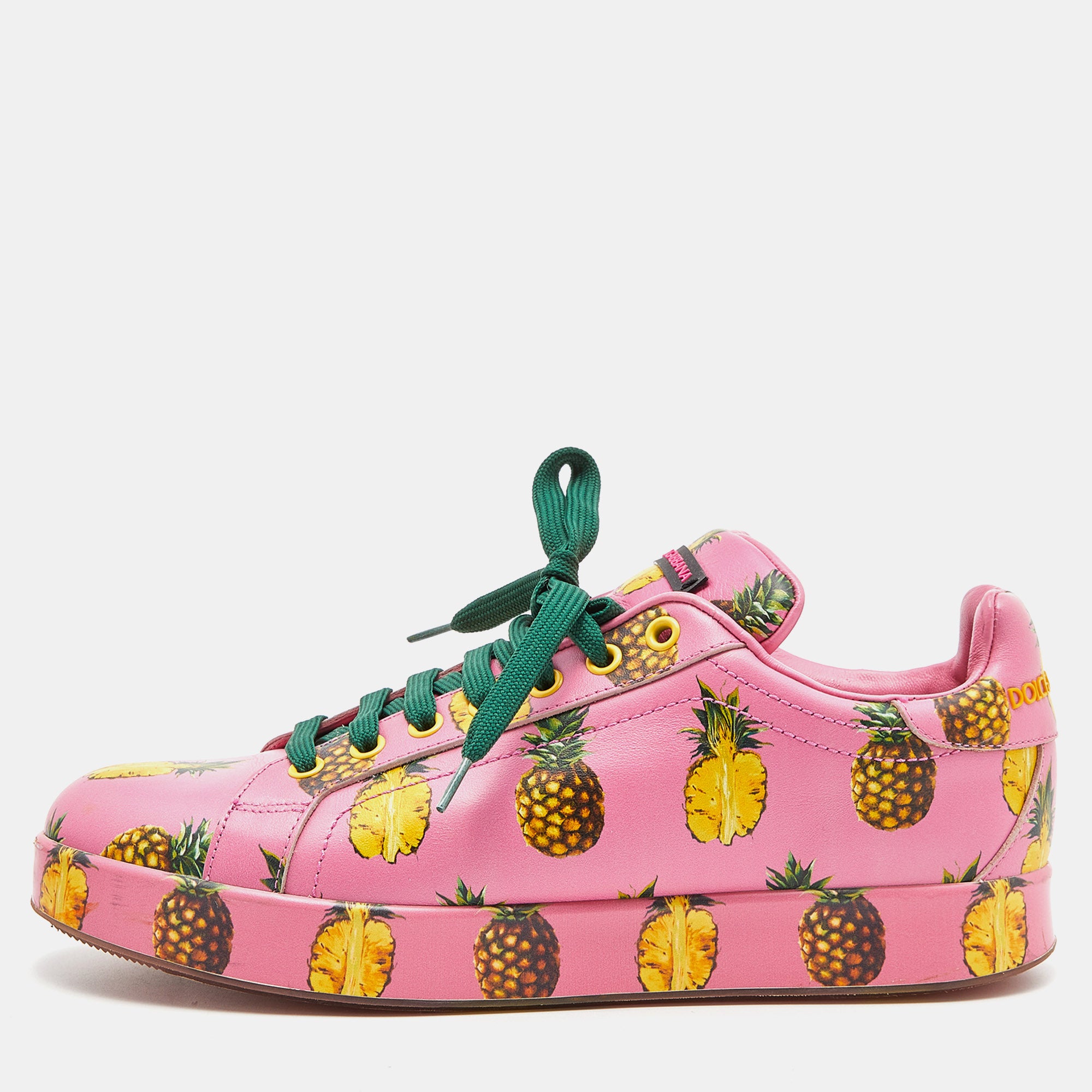 Dolce & Gabbana Pink Pineapple Print Leather Low Top Sneakers Size 40