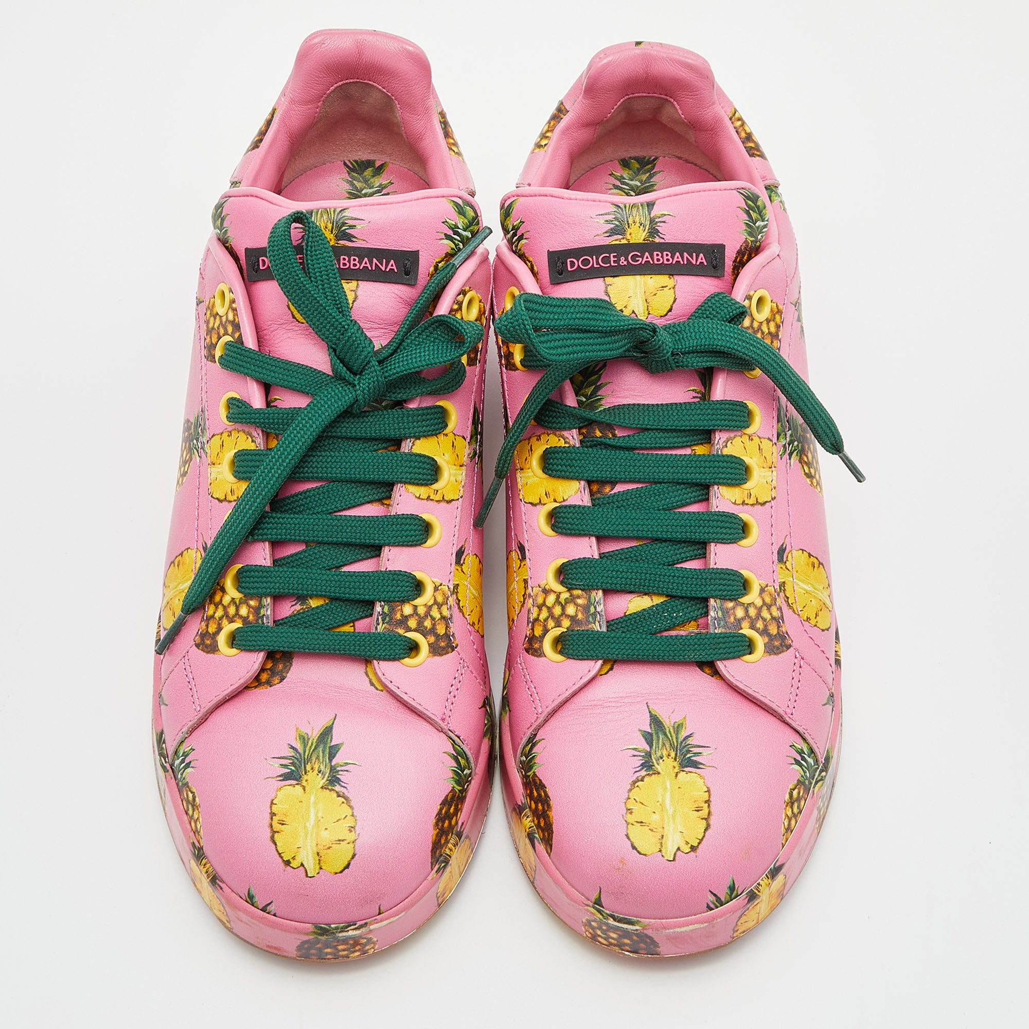 Dolce & Gabbana Pink Pineapple Print Leather Low Top Sneakers Size 40