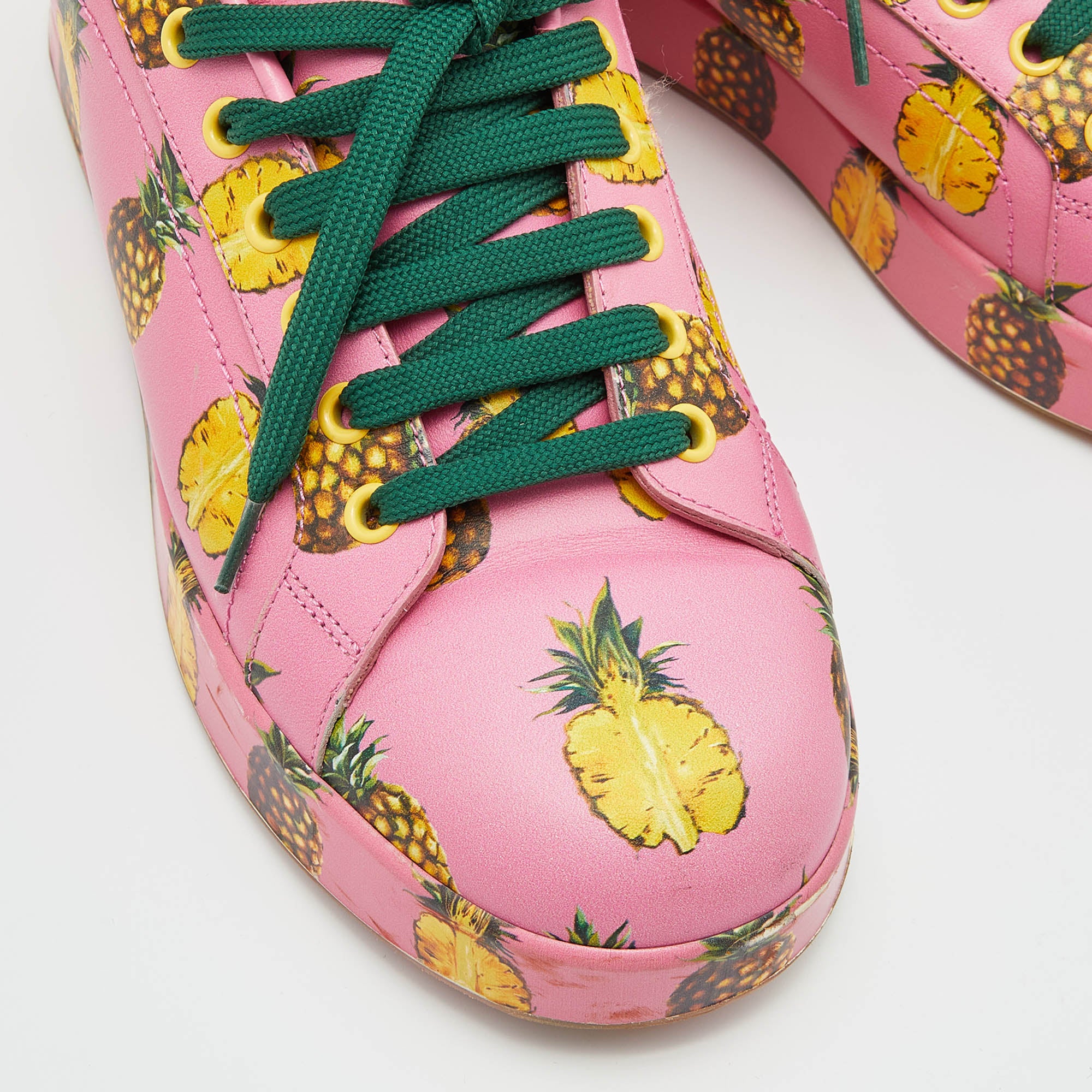 Dolce & Gabbana Pink Pineapple Print Leather Low Top Sneakers Size 40