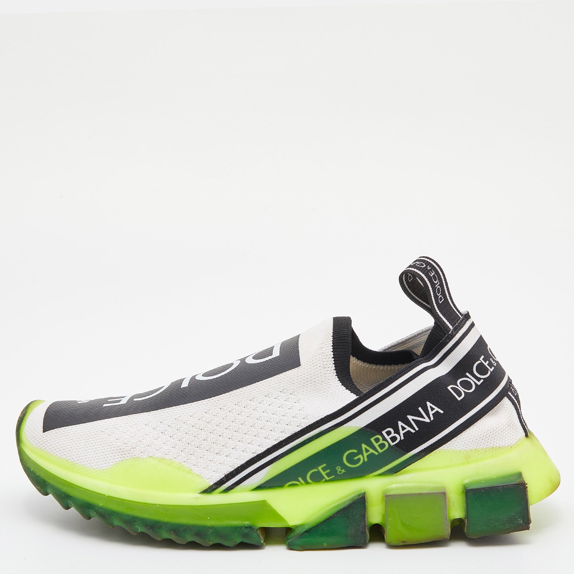 Dolce & Gabbana Neon Green/white Knit Fabric Sorrento Slip On Sneakers Size 38