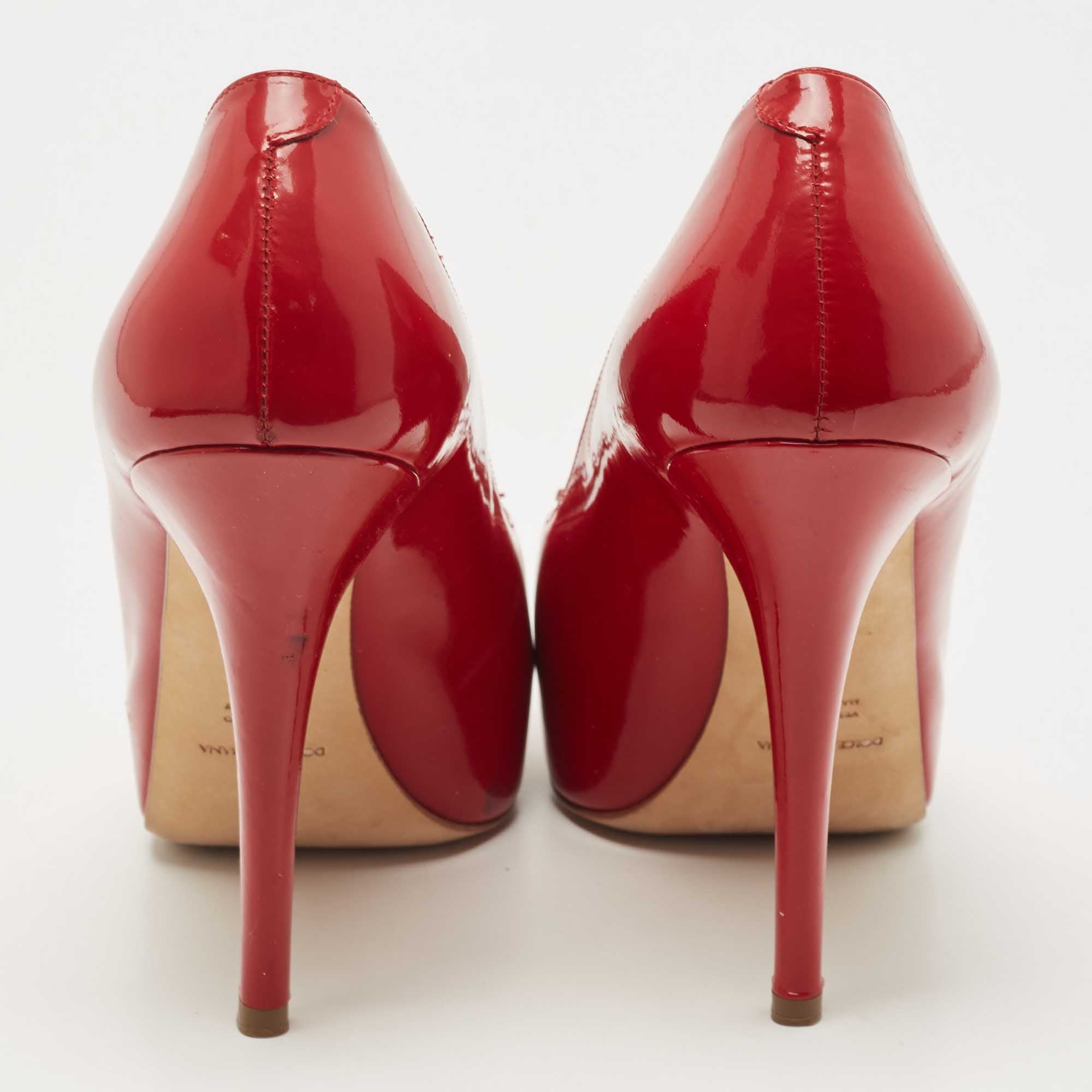 Dolce & Gabbana Red Patent Leather Bow Peep Toe Platform Pumps Size 38