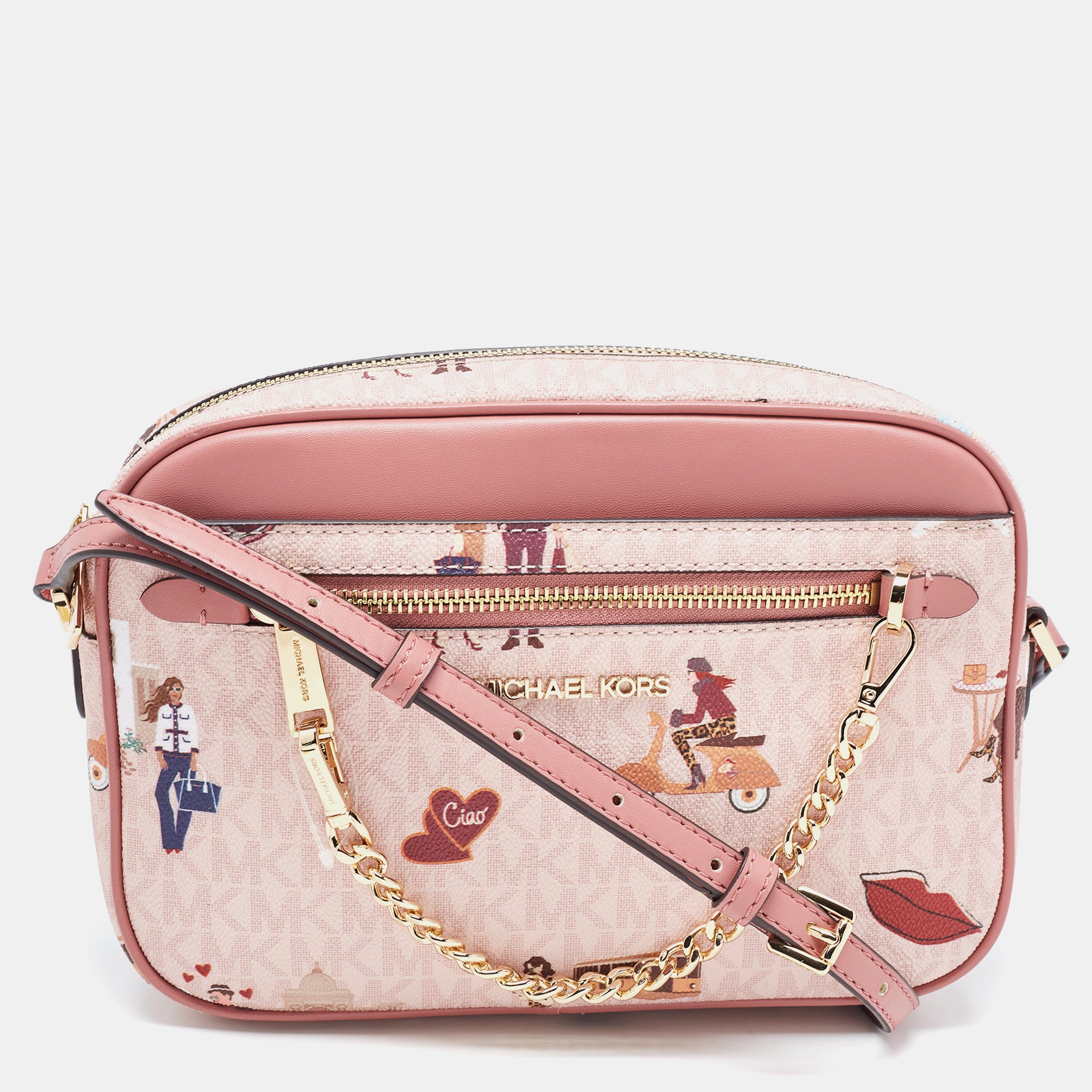 Michael Kors Pink Coated Canvas And Leather East West Jet Set Milan Edition Zip Chain Crossbody Bag