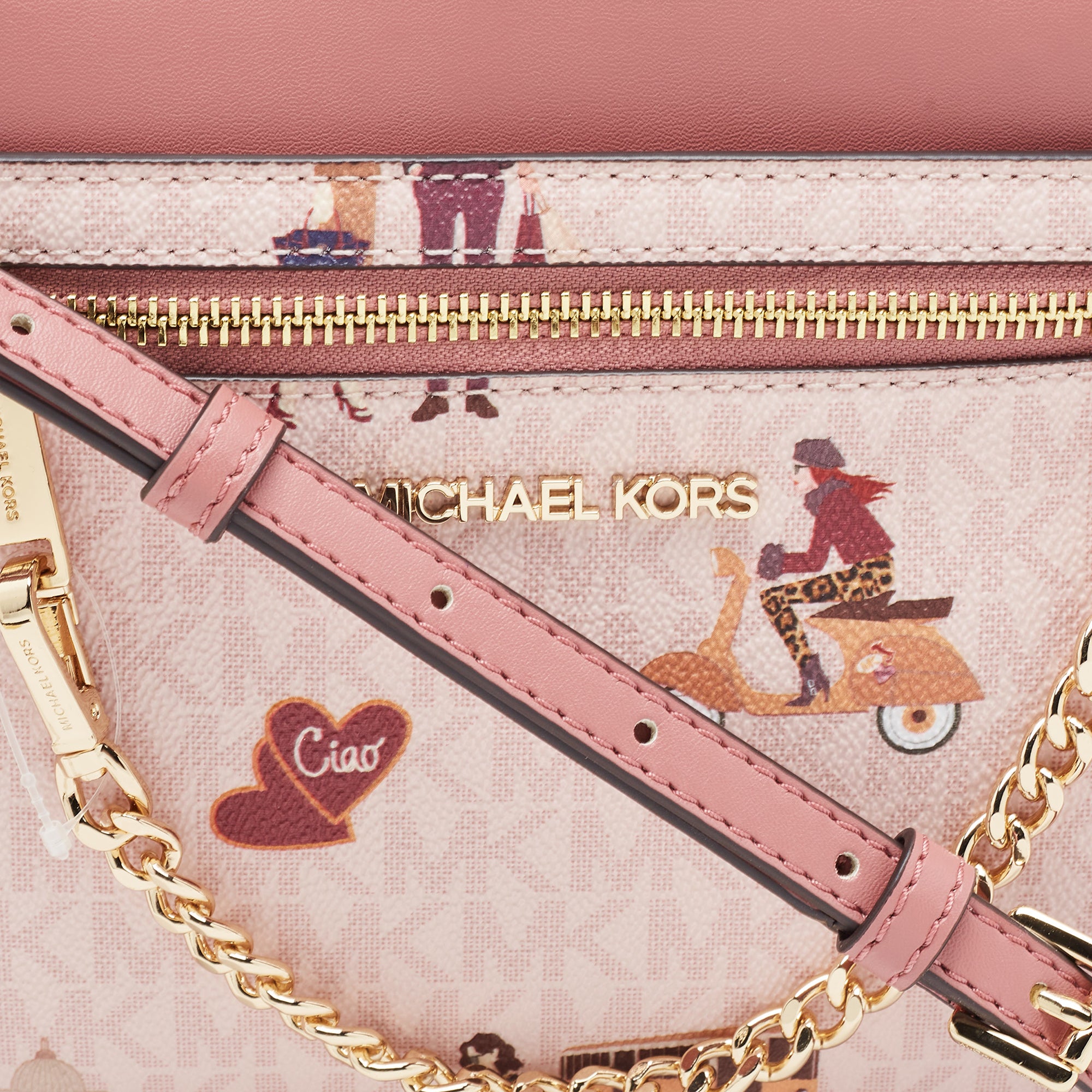 Michael Kors Pink Coated Canvas And Leather East West Jet Set Milan Edition Zip Chain Crossbody Bag