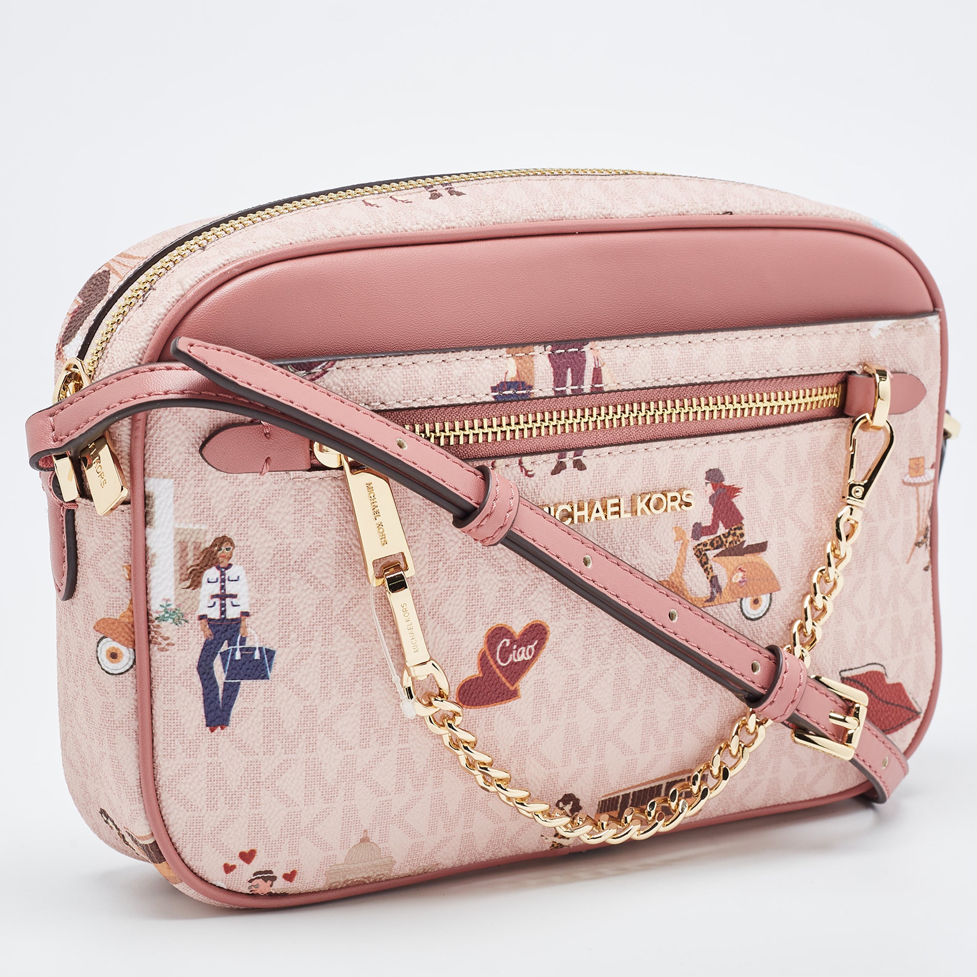 Michael Kors Pink Coated Canvas And Leather East West Jet Set Milan Edition Zip Chain Crossbody Bag