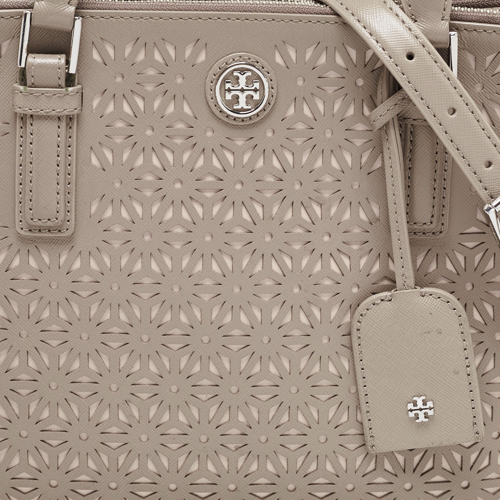 Tory Burch Grey Floral Laser Cut Leather Double Zip Robinson Tote