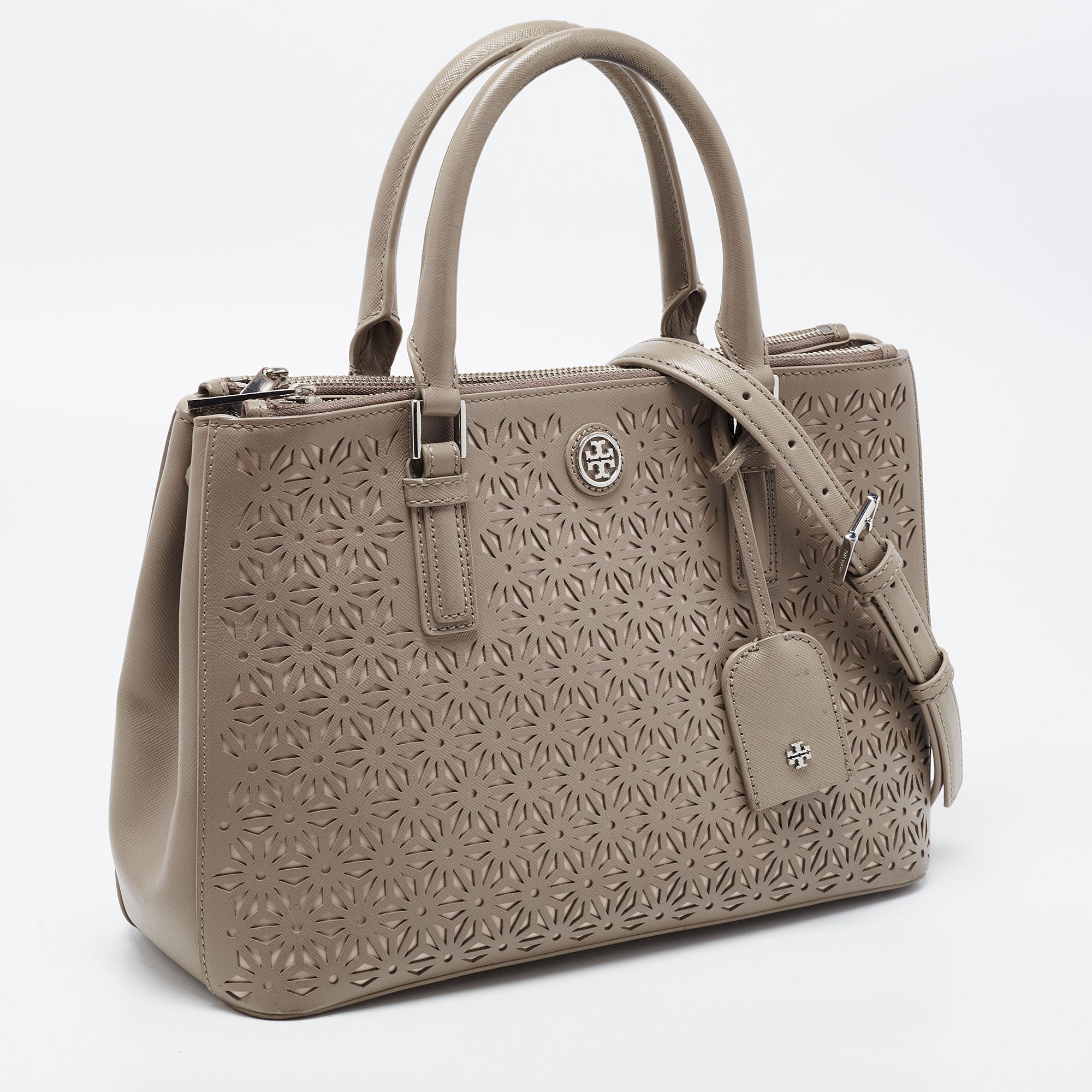 Tory Burch Grey Floral Laser Cut Leather Double Zip Robinson Tote