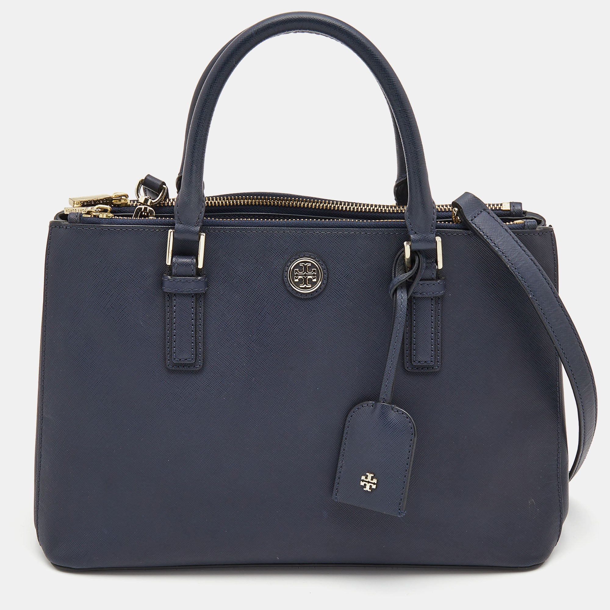 Tory Burch Navy Blue Saffiano Leather Robinson Double Zip Tote