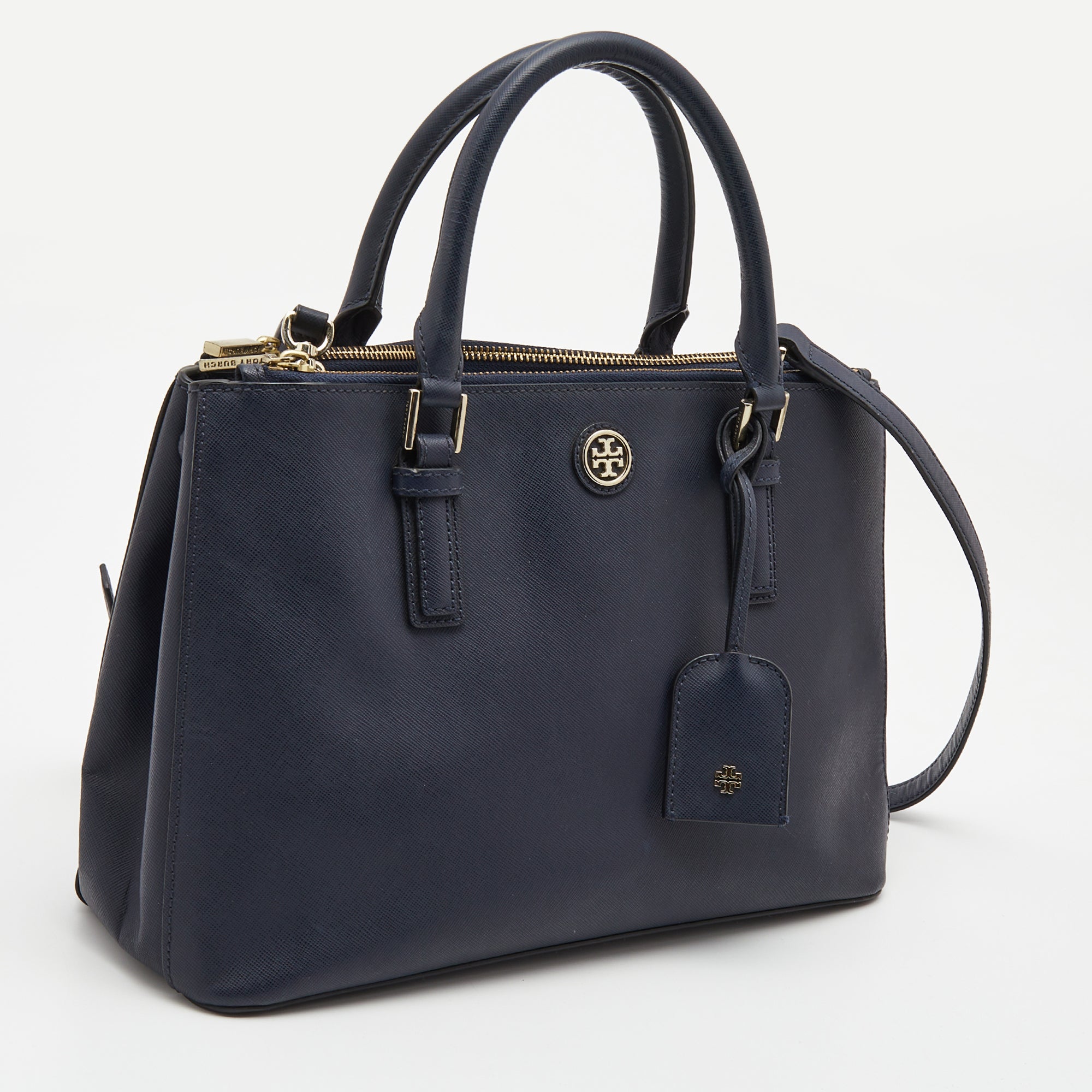 Tory Burch Navy Blue Saffiano Leather Robinson Double Zip Tote