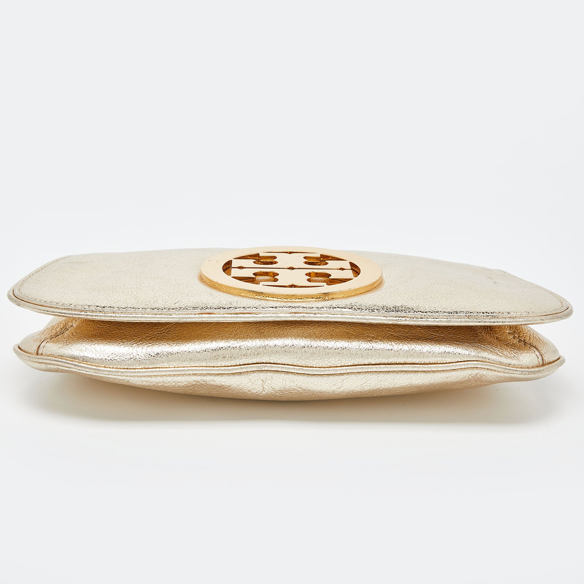 Tory Burch Gold Laminated Leather Reva Logo Crossbody Bag