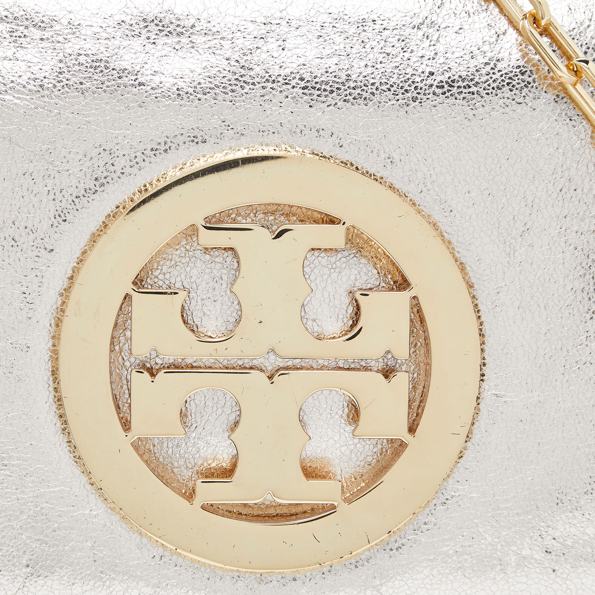 Tory Burch Gold Laminated Leather Reva Logo Crossbody Bag