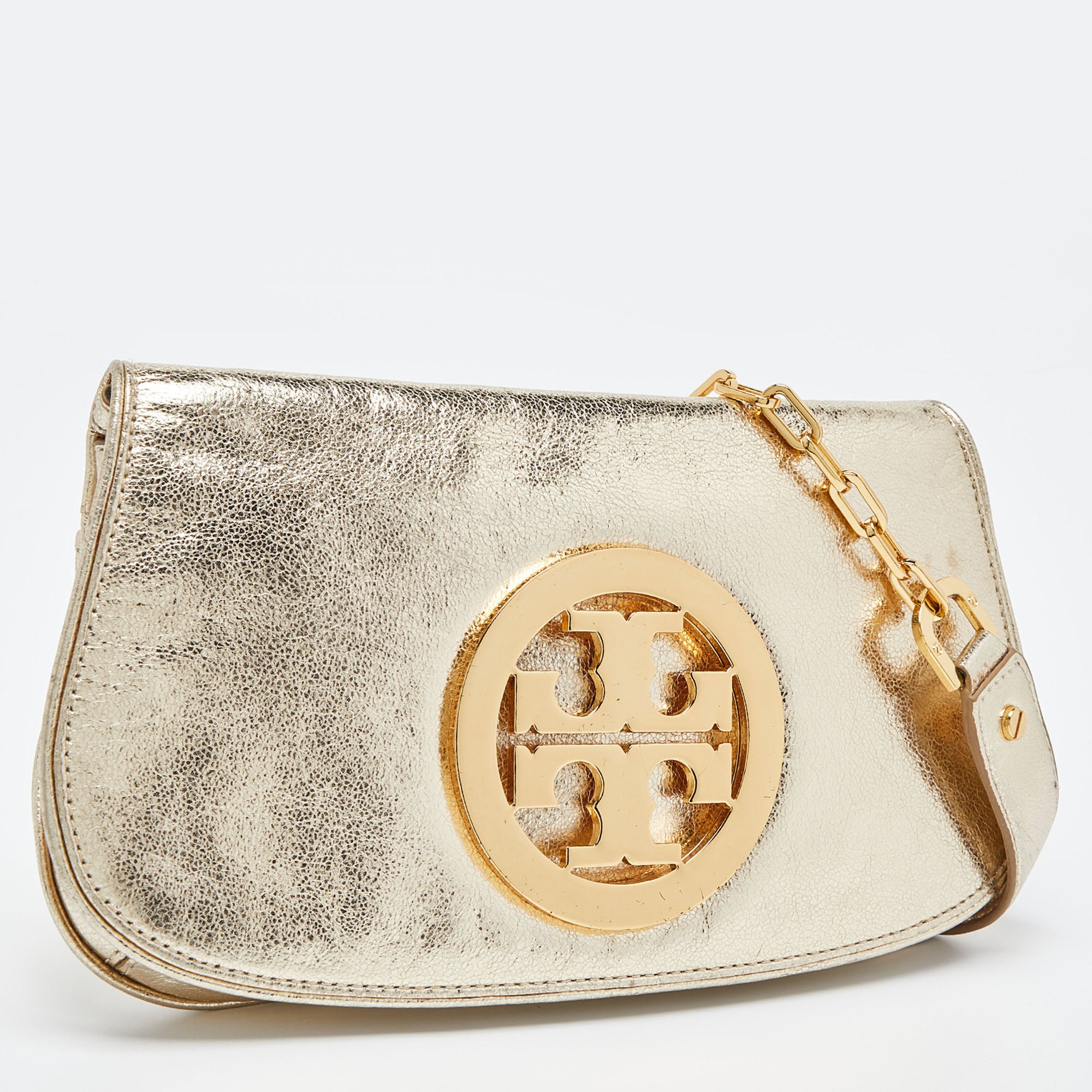 Tory Burch Gold Laminated Leather Reva Logo Crossbody Bag