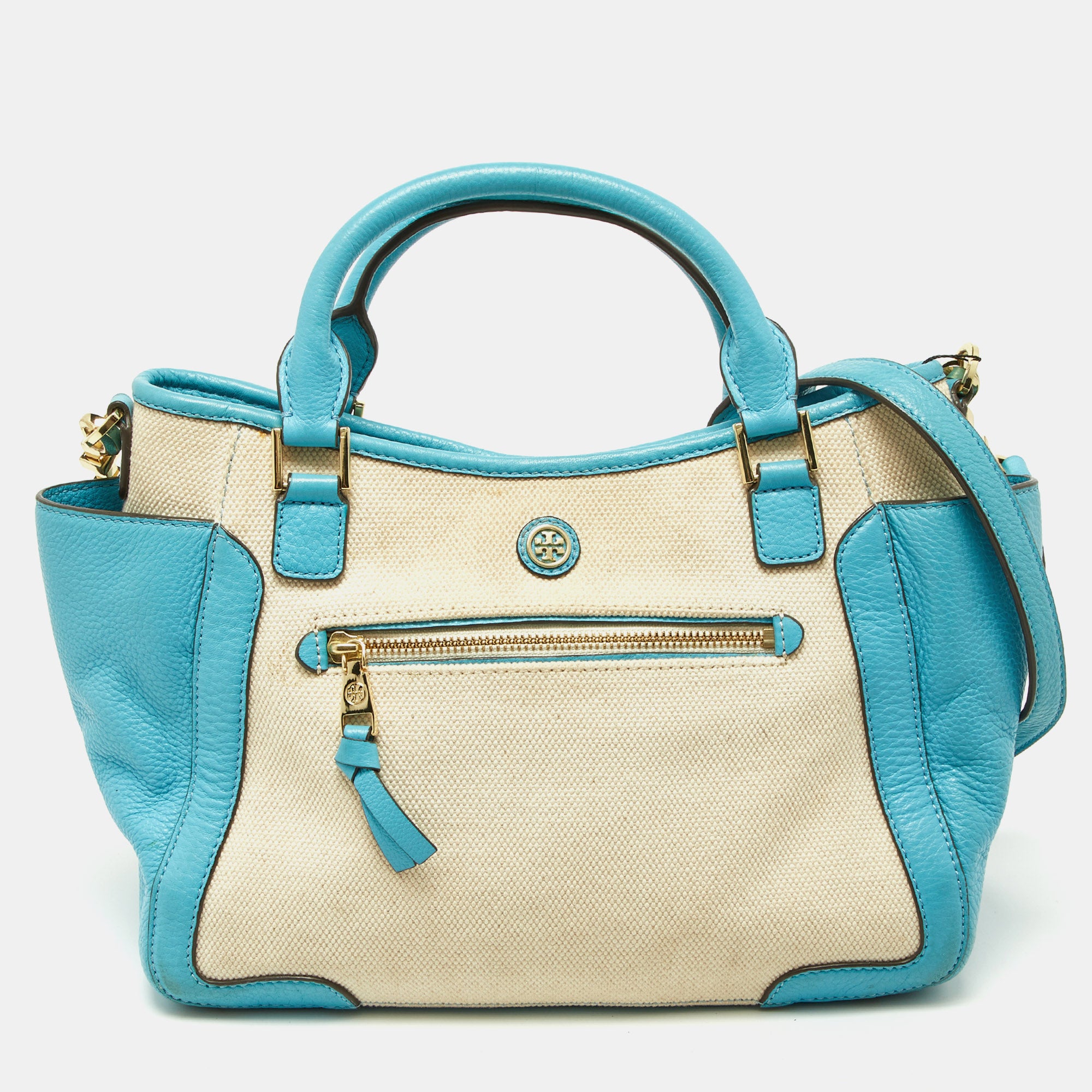 Tory Burch Beige/blue Canvas And Leather Double Pocket Bag