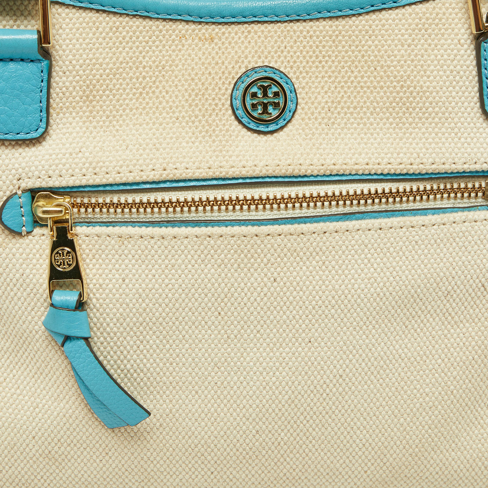 Tory Burch Beige/blue Canvas And Leather Double Pocket Bag