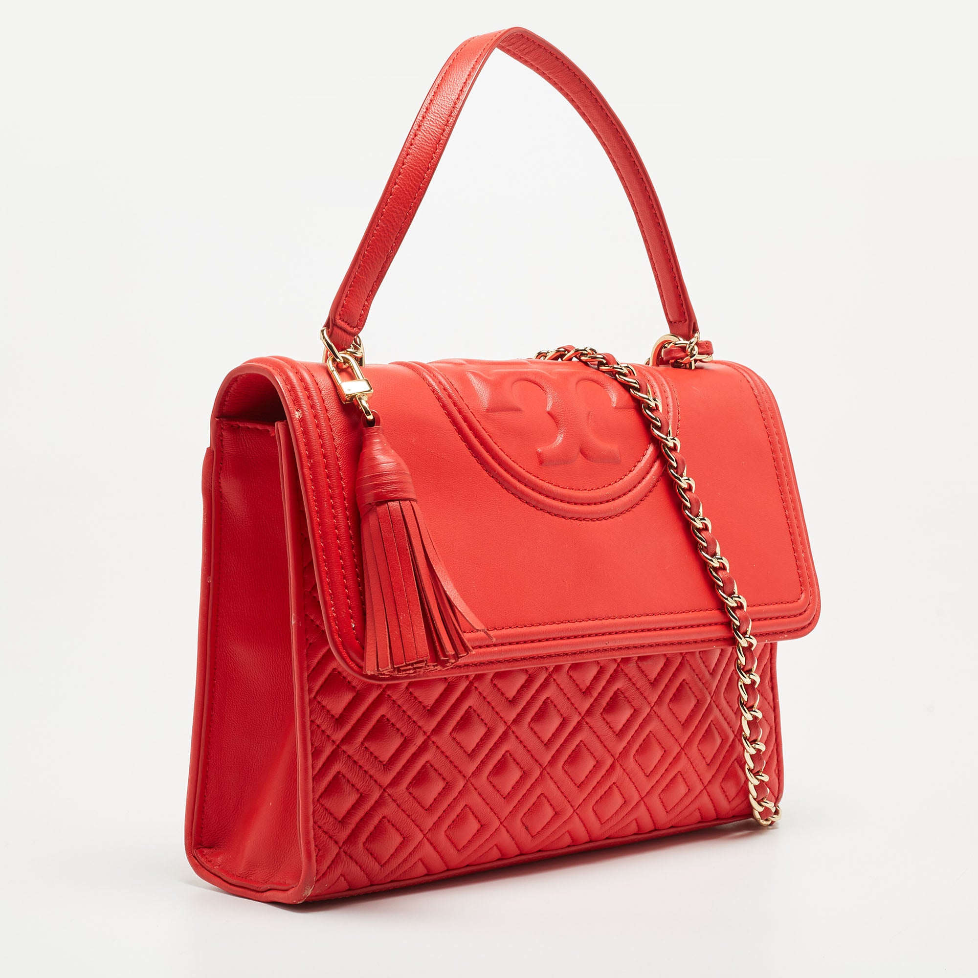 Tory Burch Red Quilted Leather Large Fleming Shoulder Bag