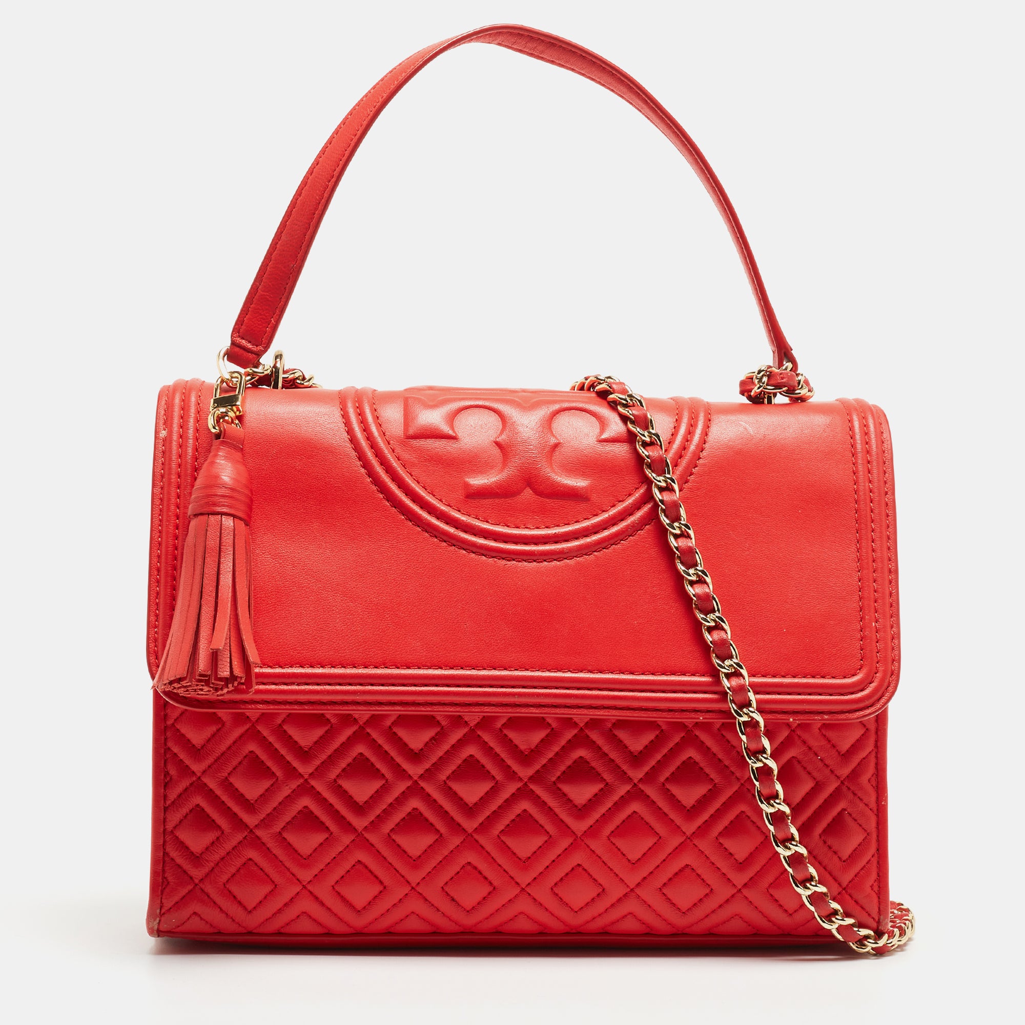 Tory Burch Red Quilted Leather Large Fleming Shoulder Bag