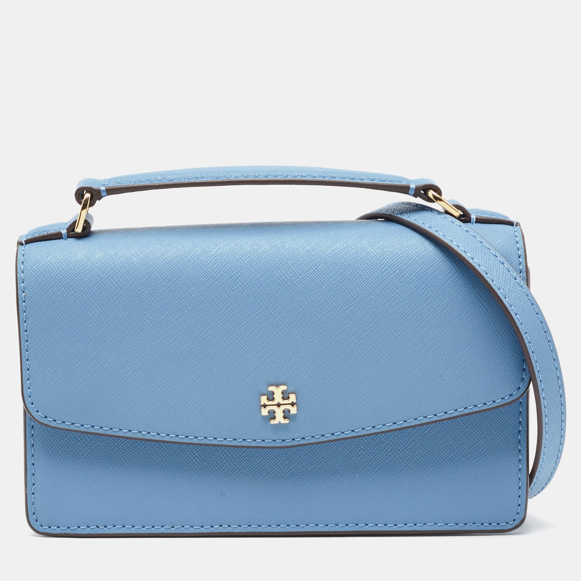 Tory Burch Light Blue Saffiano Leather Mini Emerson Top Handle Bag