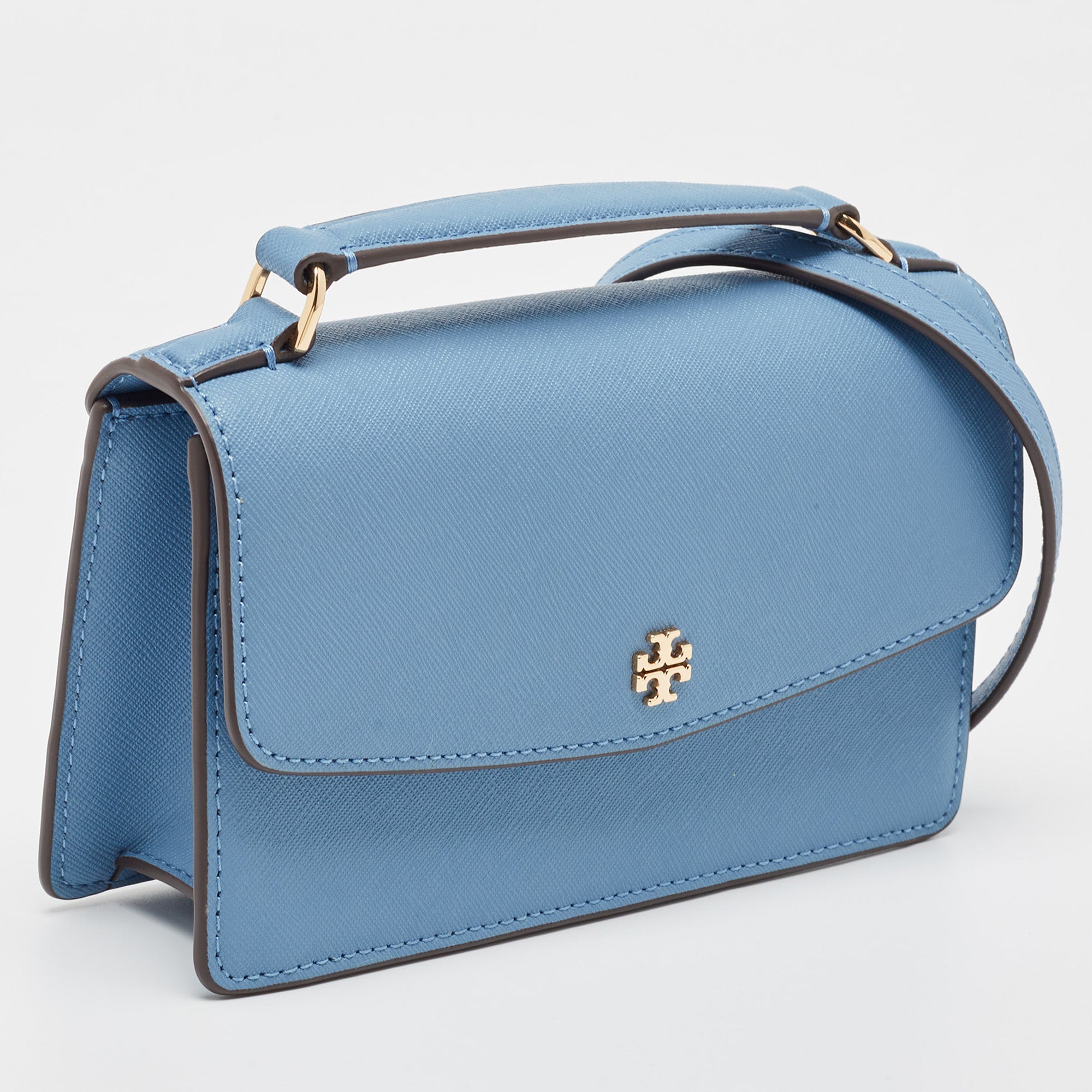 Tory Burch Light Blue Saffiano Leather Mini Emerson Top Handle Bag