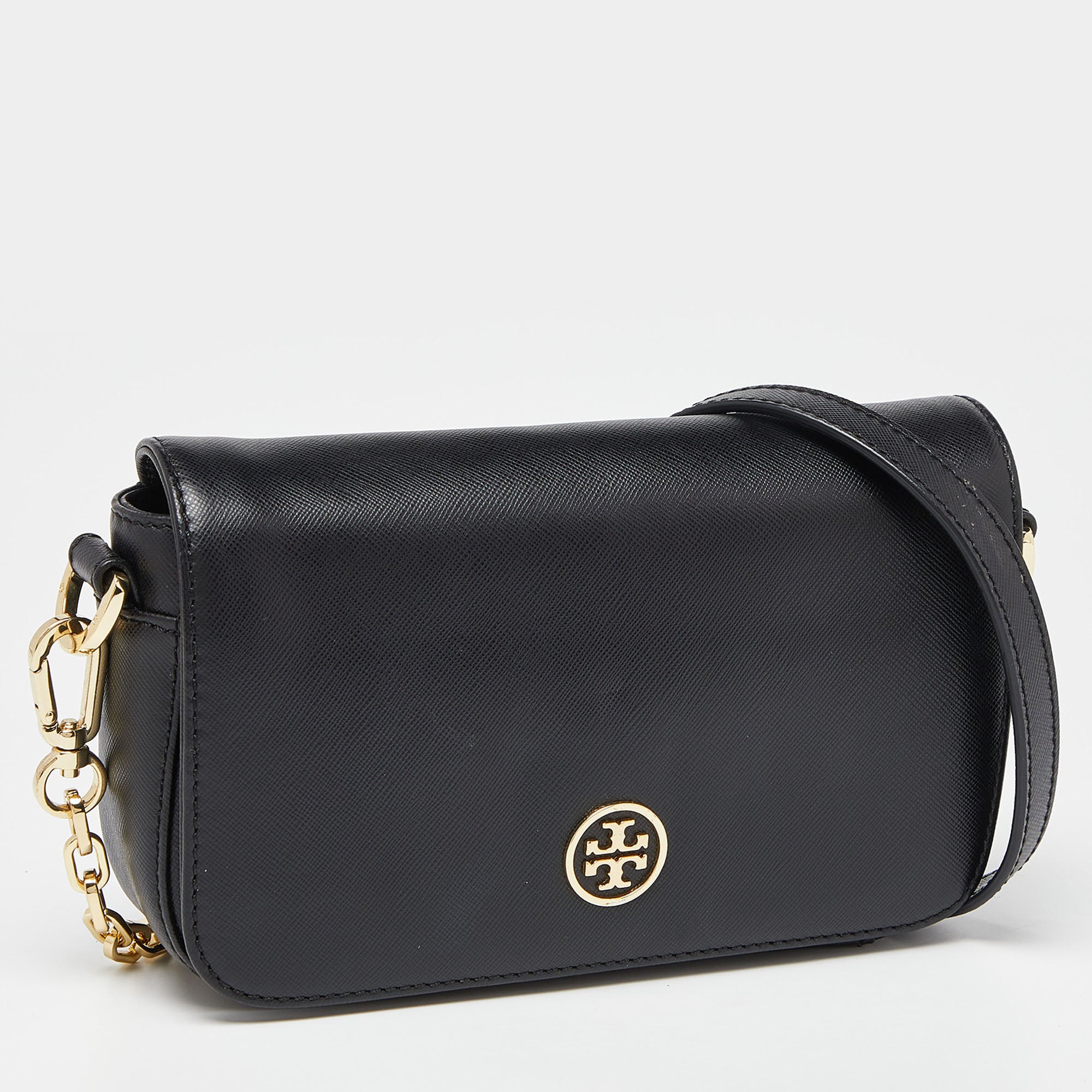 Tory Burch Black Leather Robinson Flap Crossbody Bag