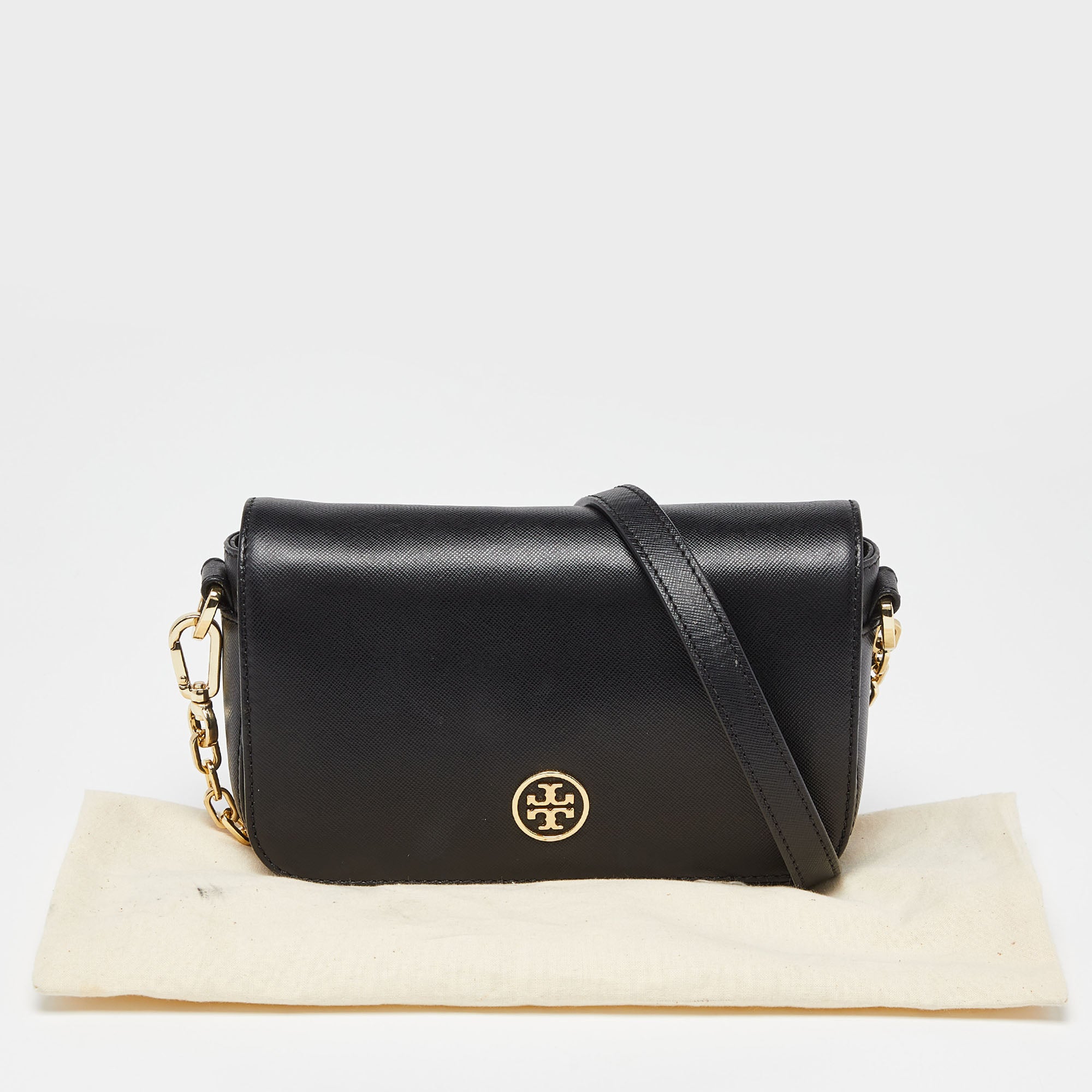 Tory Burch Black Leather Robinson Flap Crossbody Bag