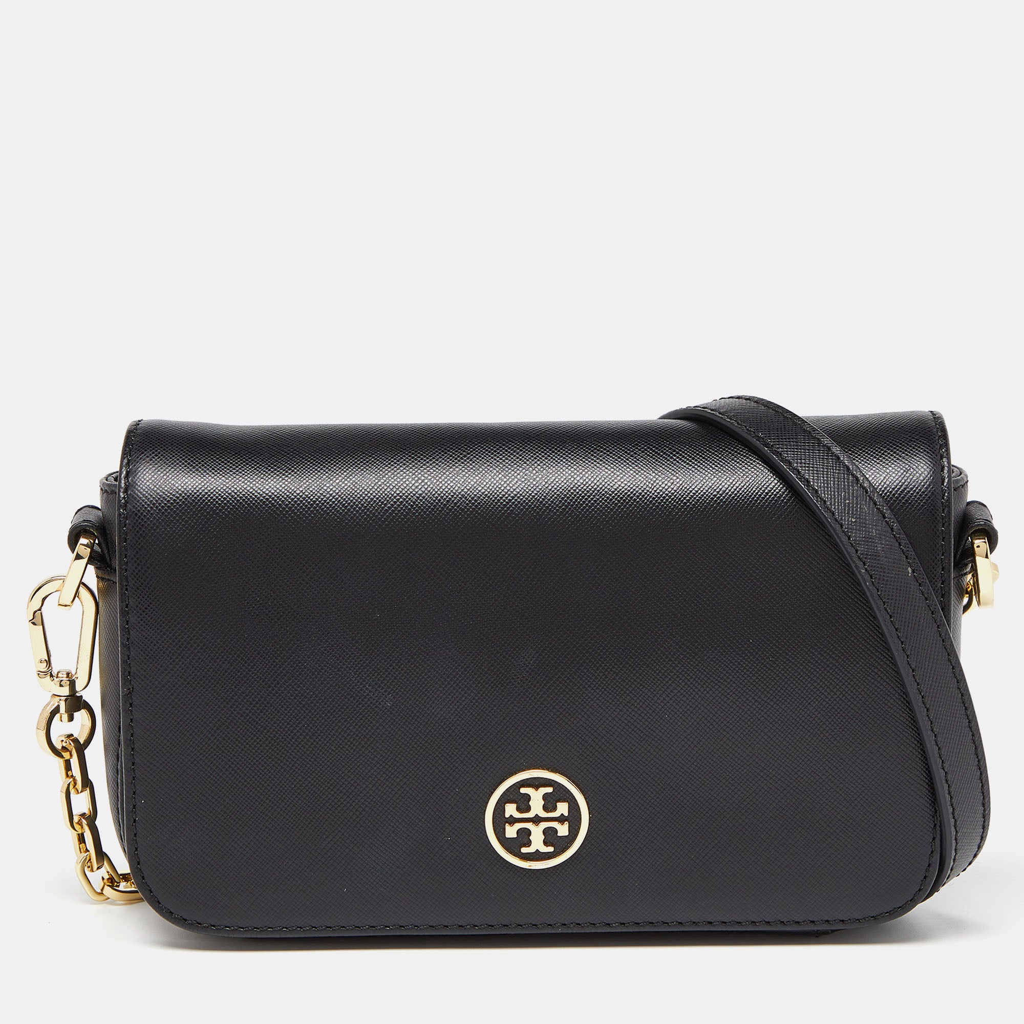 Tory Burch Black Leather Robinson Flap Crossbody Bag