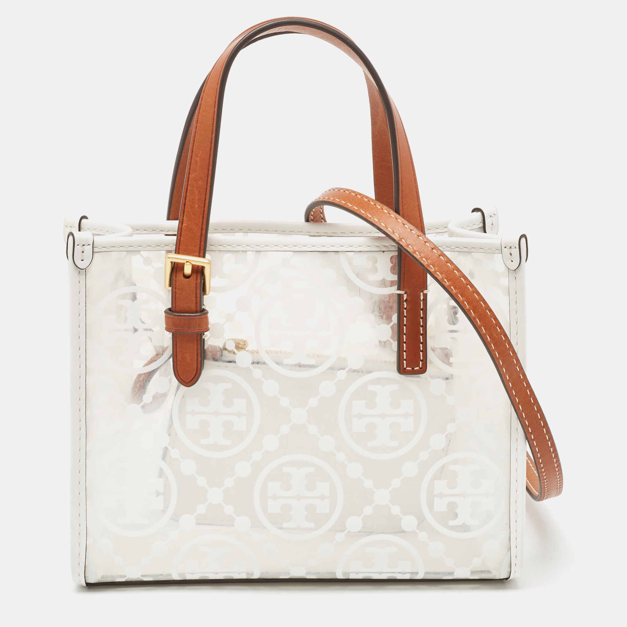 Tory Burch White/tan Signature Pvc And Leather Tote