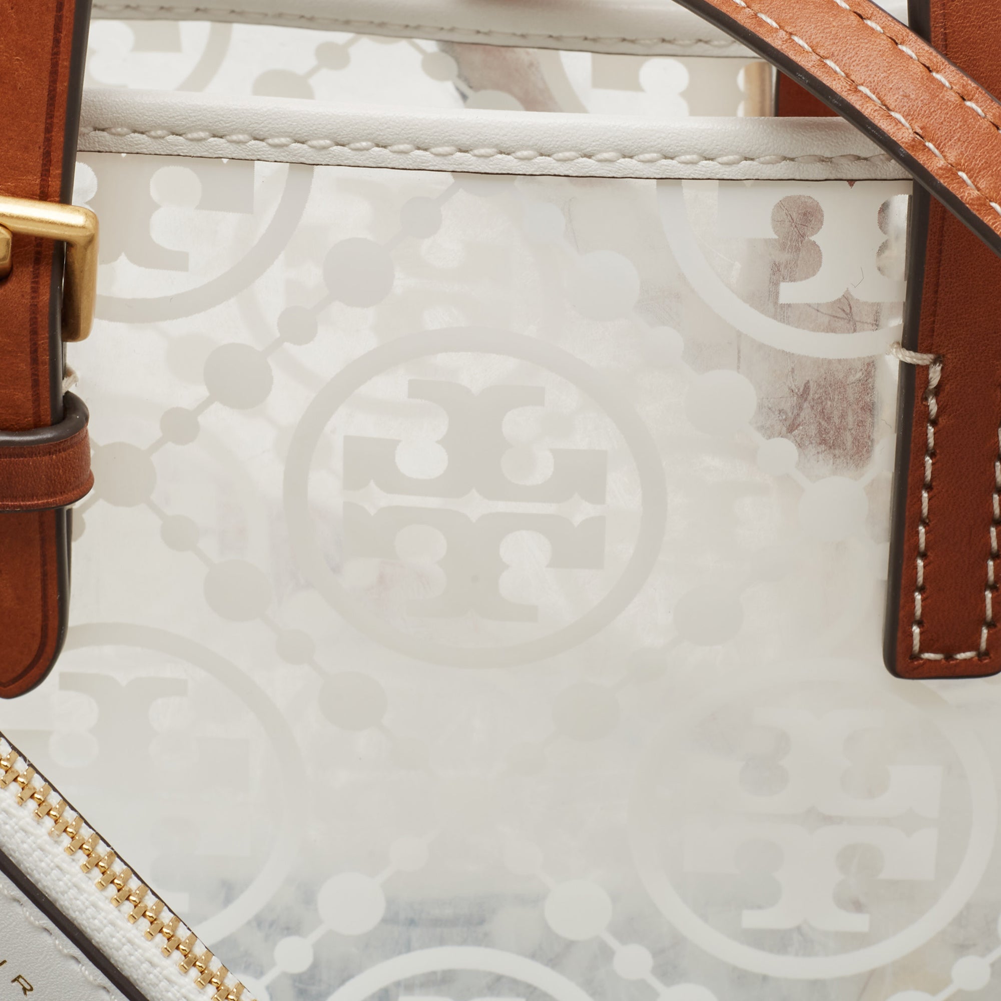 Tory Burch White/tan Signature Pvc And Leather Tote