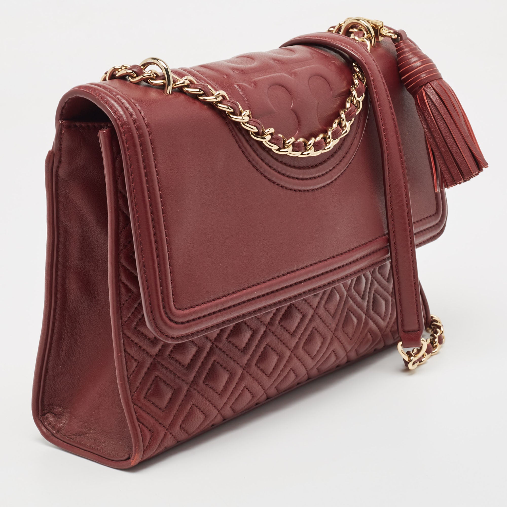 Tory Burch Burgundy Quilted Leather Large Fleming Shoulder Bag