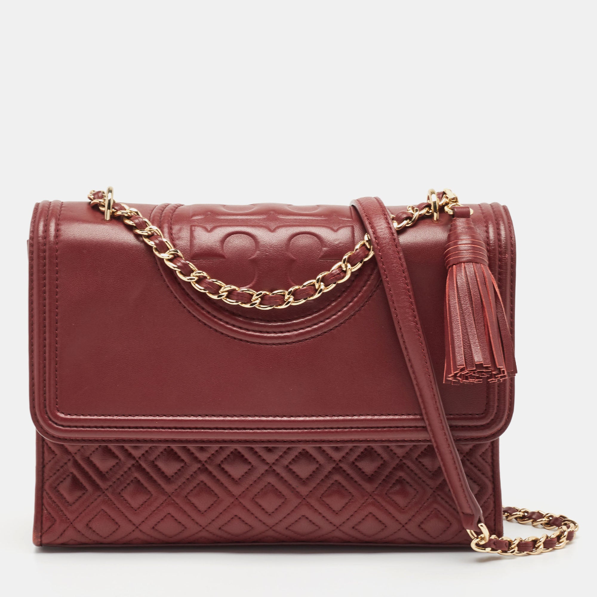 Tory Burch Burgundy Quilted Leather Large Fleming Shoulder Bag