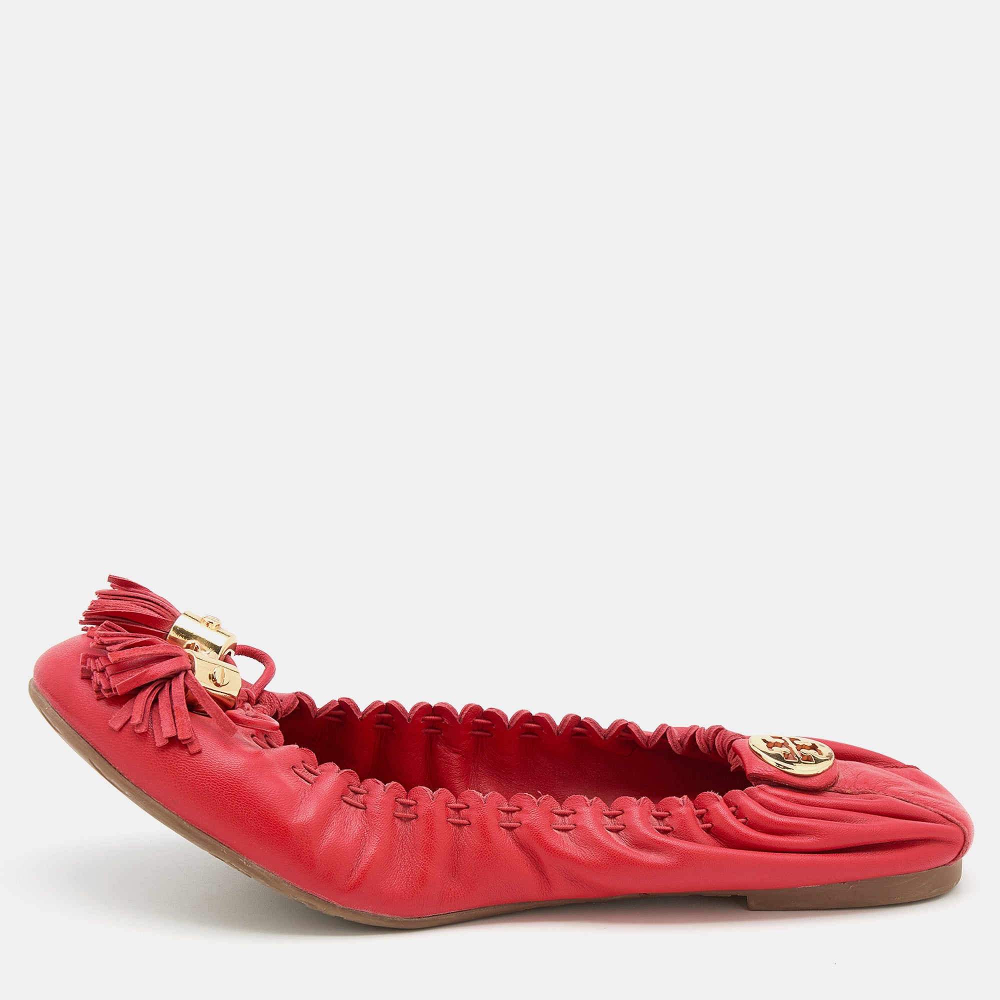 Tory Burch Red Leather Reese Tassel Scrunch Ballet Flats Size 38