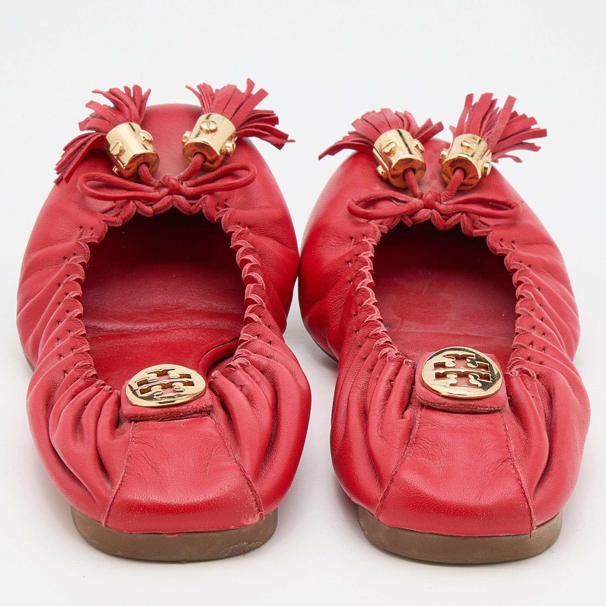 Tory Burch Red Leather Reese Tassel Scrunch Ballet Flats Size 38