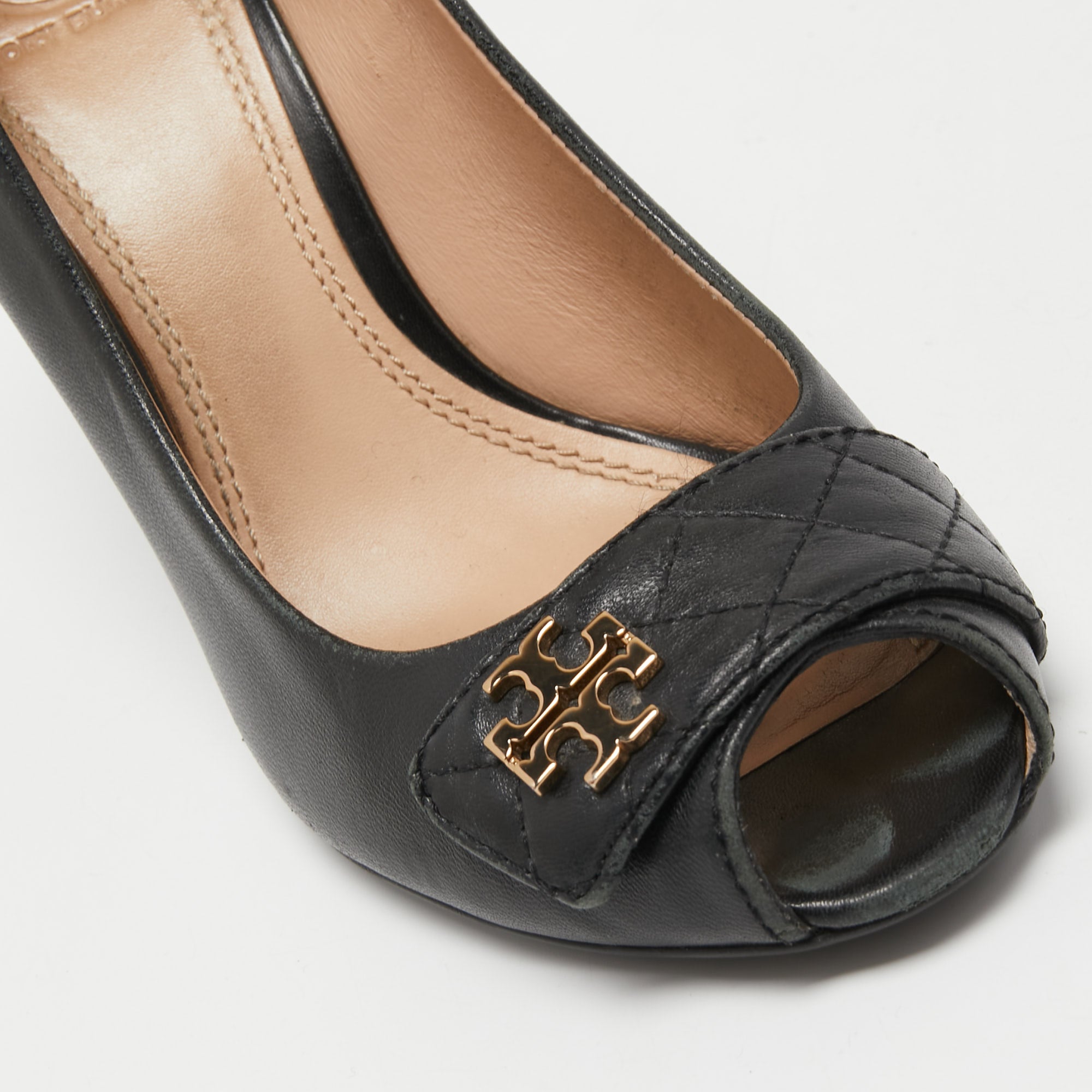 Tory Burch Black Leather Leila Peep Toe Wedge Pumps Size 38.5