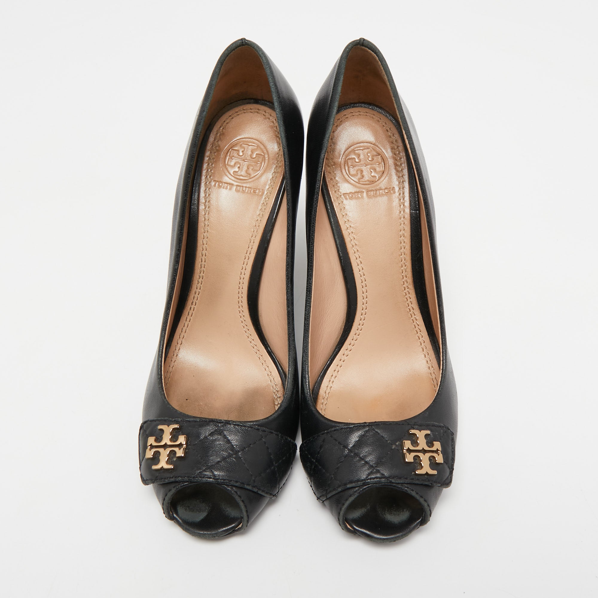 Tory Burch Black Leather Leila Peep Toe Wedge Pumps Size 38.5