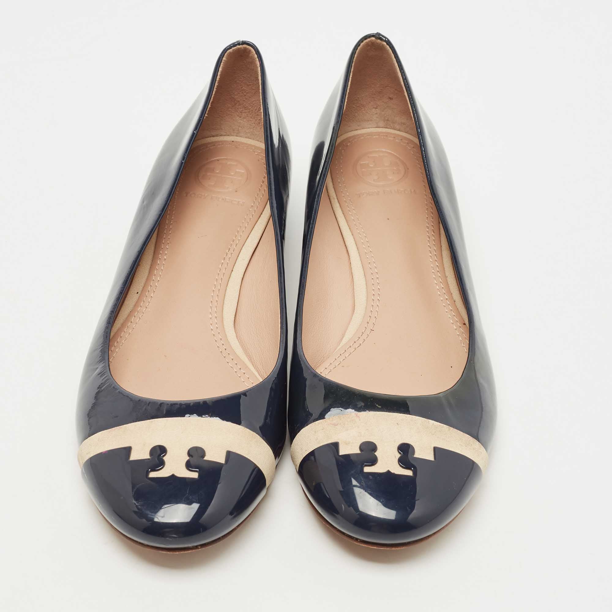 Tory Burch Navy Blue Patent Leather Gabrielle Ballet Flats Size 37.5