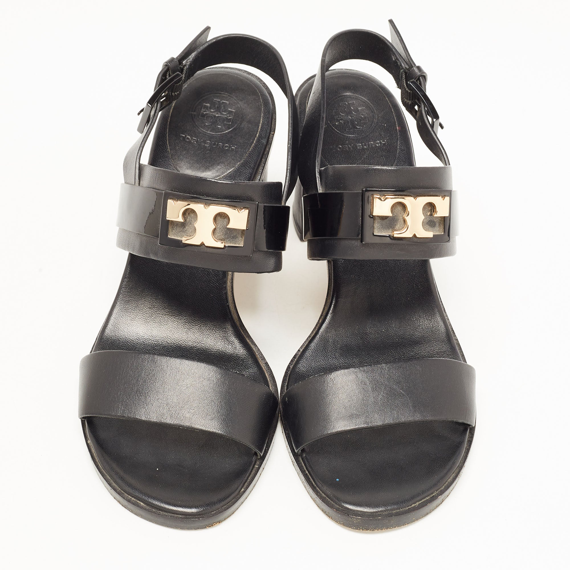 Tory Burch Black Leather Gigi Block Heel Slingback Sandals Size 37