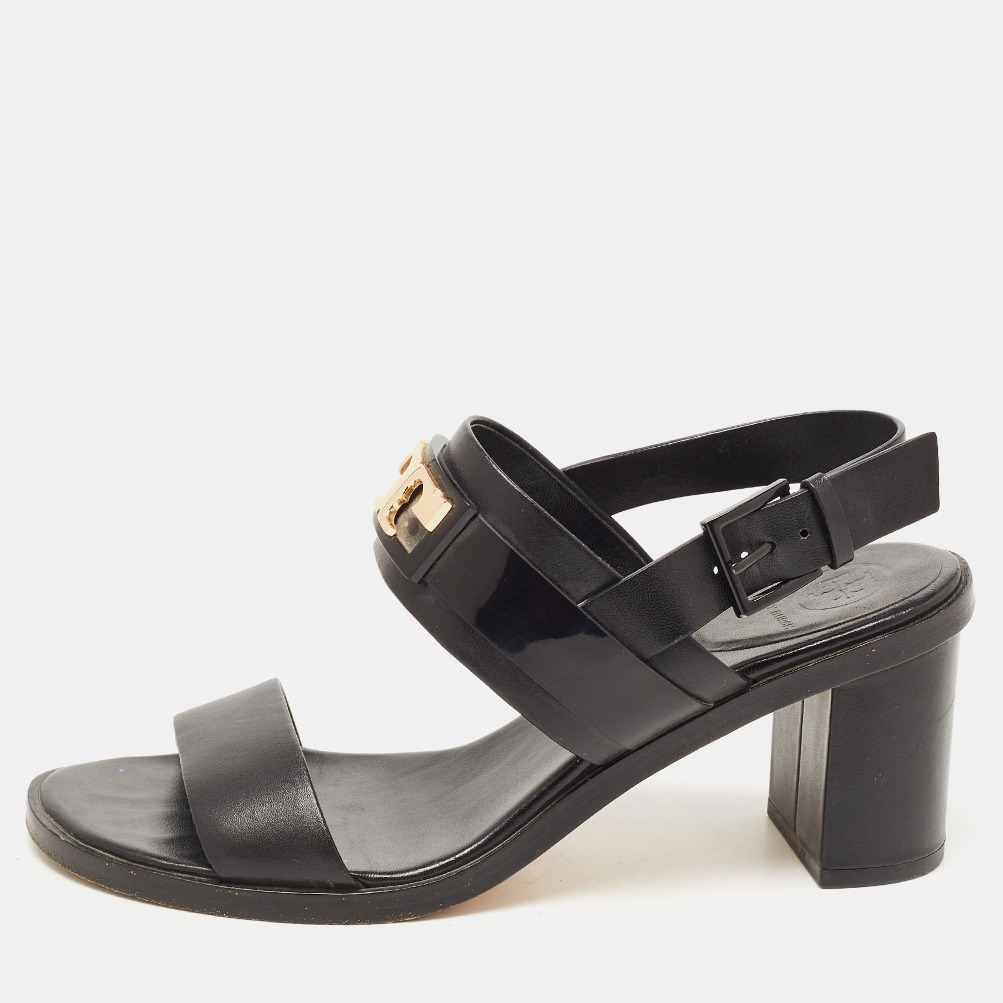 Tory Burch Black Leather Gigi Block Heel Slingback Sandals Size 37