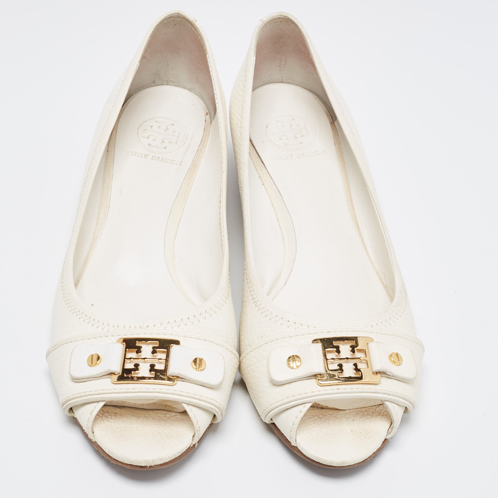 Tory Burch White Leather Logo Detail Peep Toe Wedge Pumps Size 40